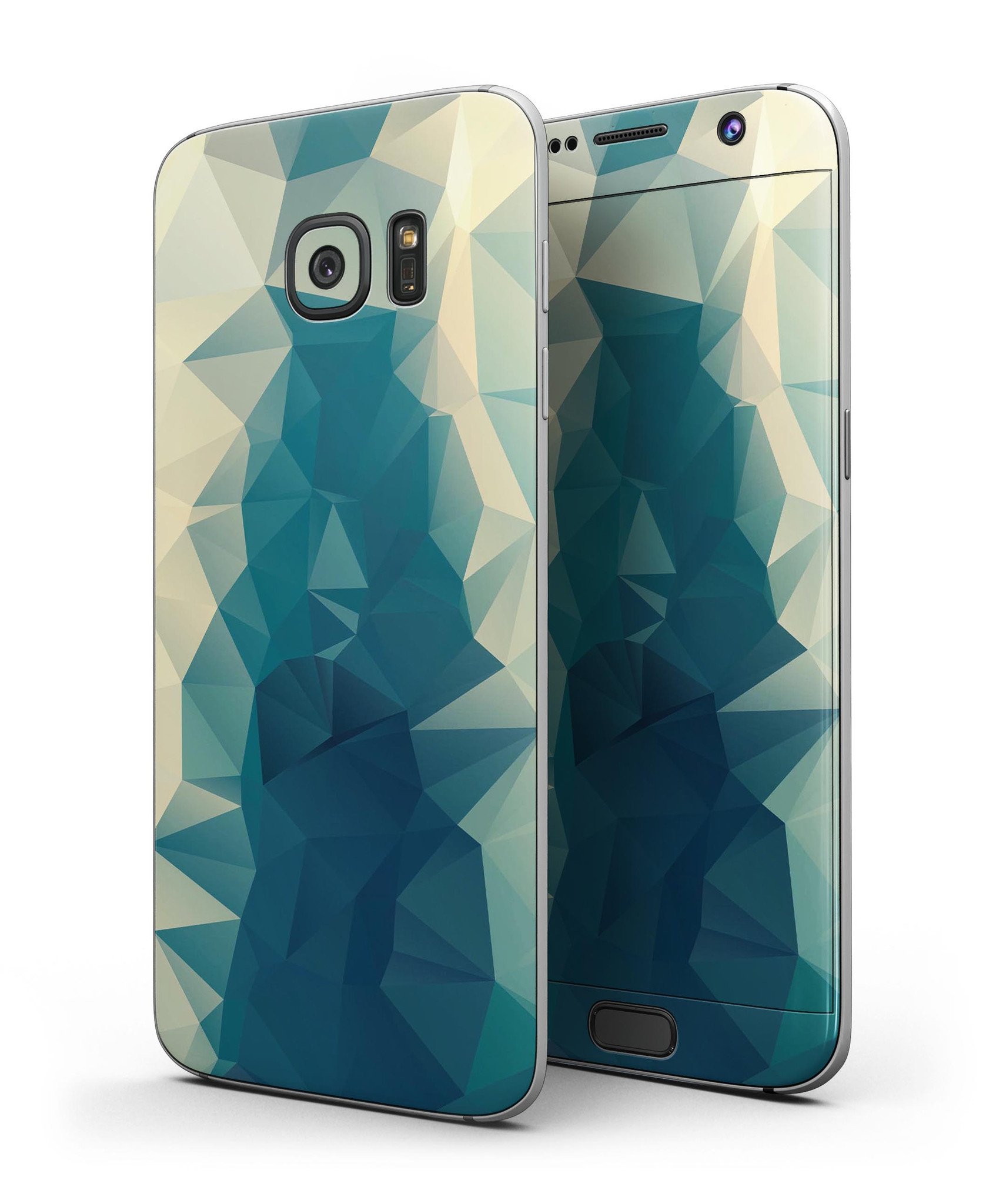 Abstract Aqua and Gold Geometric Shapes skin kit for Samsung Galaxy S7 and S7 Edge, showcasing vibrant colors and geometric patterns.