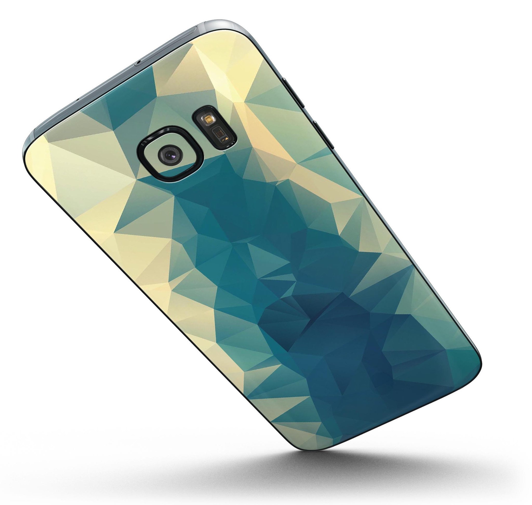 Abstract Aqua and Gold Geometric Shapes skin kit for Samsung Galaxy S7 and S7 Edge, showcasing vibrant colors and geometric patterns.