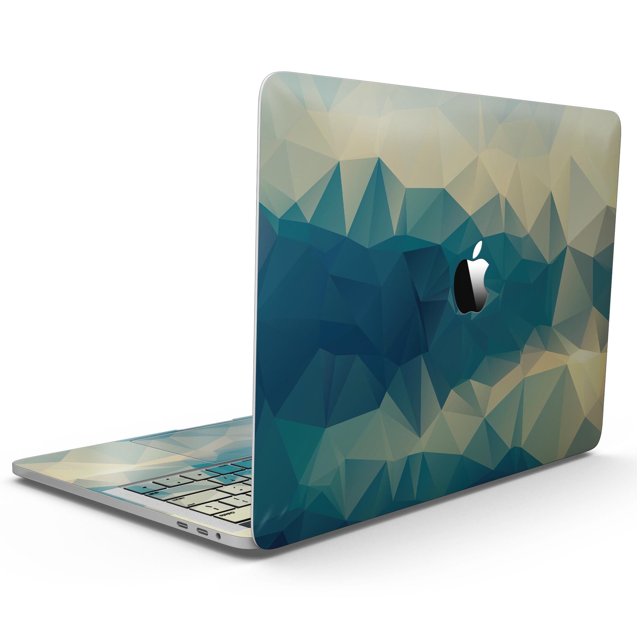 Abstract Aqua and Gold Geometric Shapes skin for MacBook Pro with Touch Bar, showcasing vibrant colors and geometric patterns.