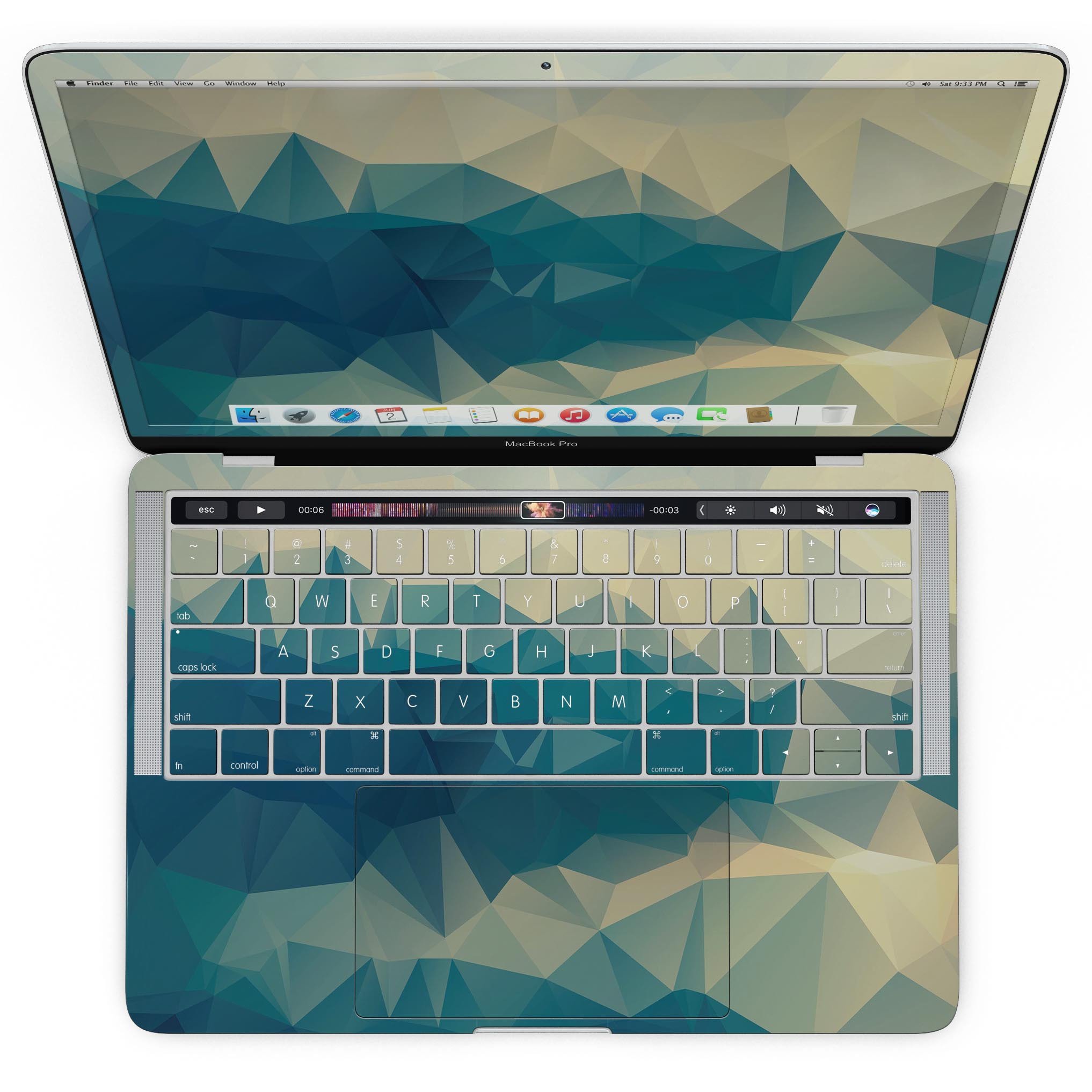 Abstract Aqua and Gold Geometric Shapes skin for MacBook Pro with Touch Bar, showcasing vibrant colors and geometric patterns.