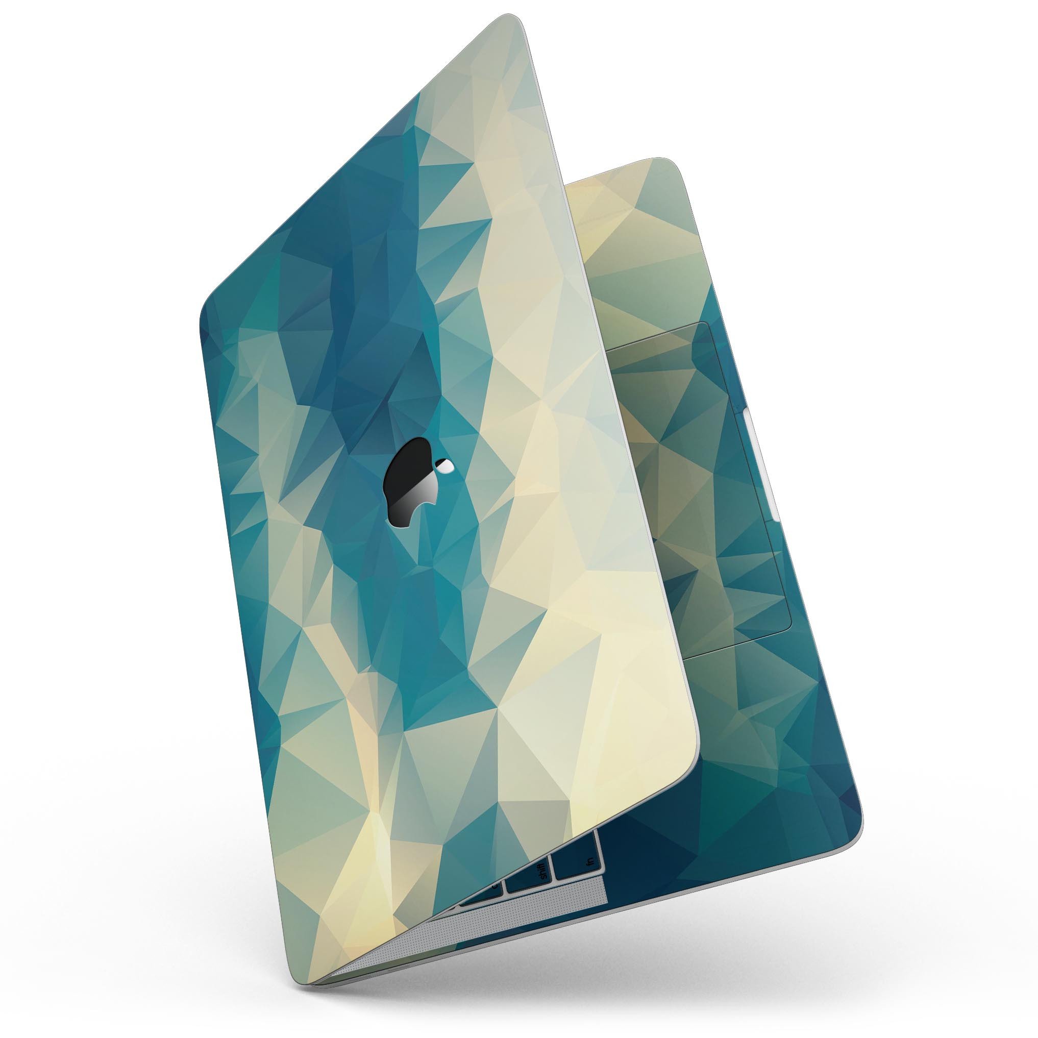 Abstract Aqua and Gold Geometric Shapes skin for MacBook Pro with Touch Bar, showcasing vibrant colors and geometric patterns.