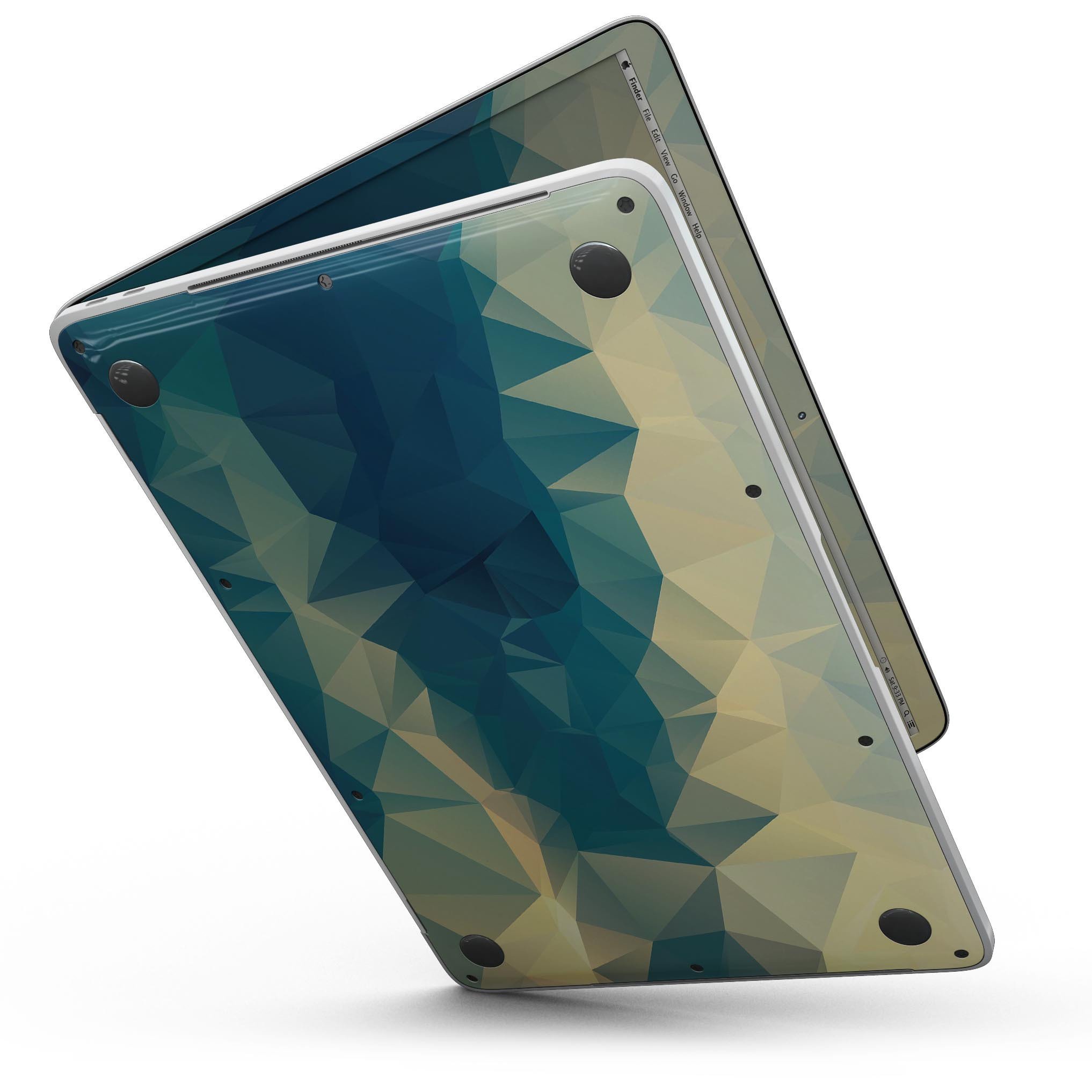 Abstract Aqua and Gold Geometric Shapes skin for MacBook Pro with Touch Bar, showcasing vibrant colors and geometric patterns.