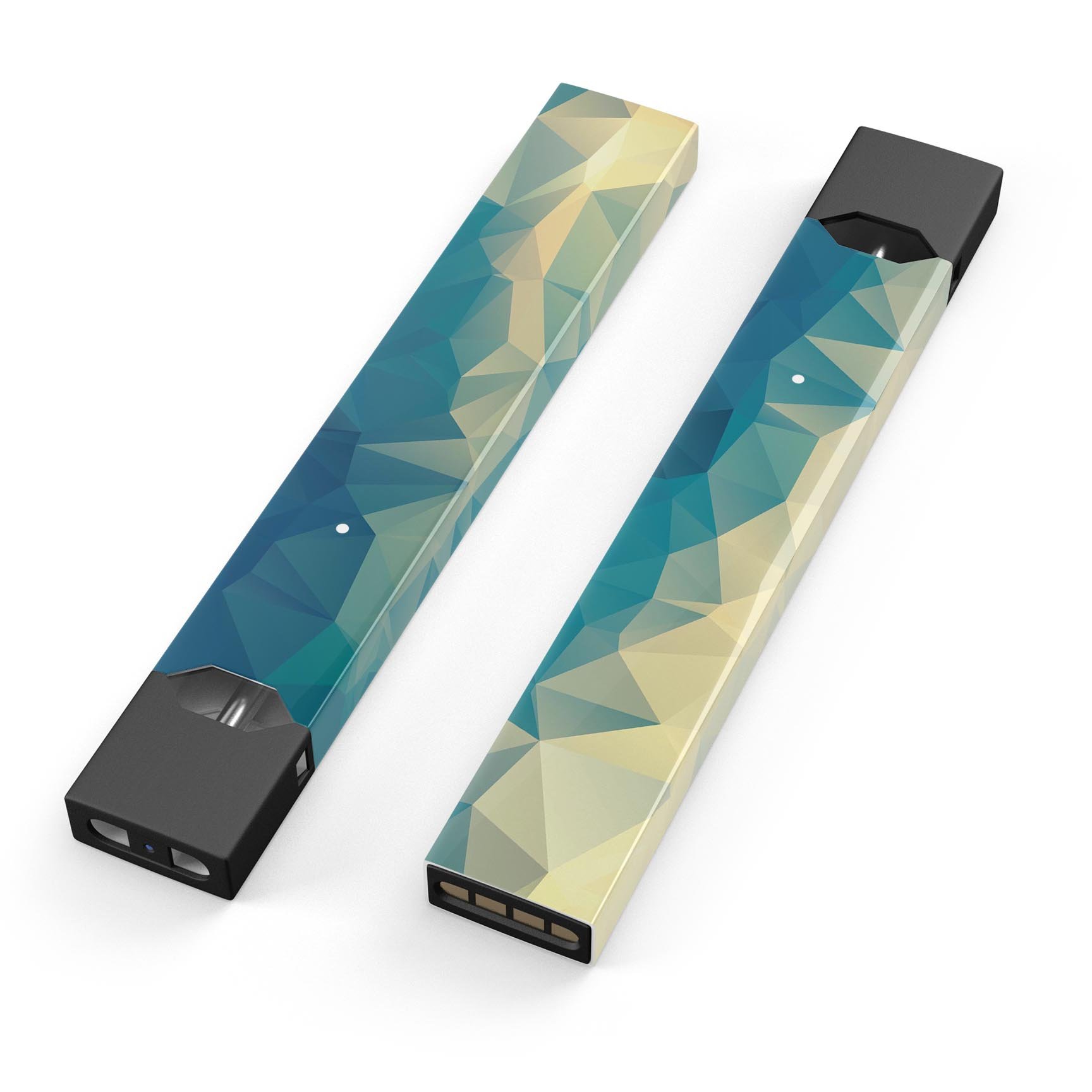 Abstract Aqua and Gold Geometric Shapes decal skin for JUUL vaping device, showcasing vibrant colors and geometric patterns.