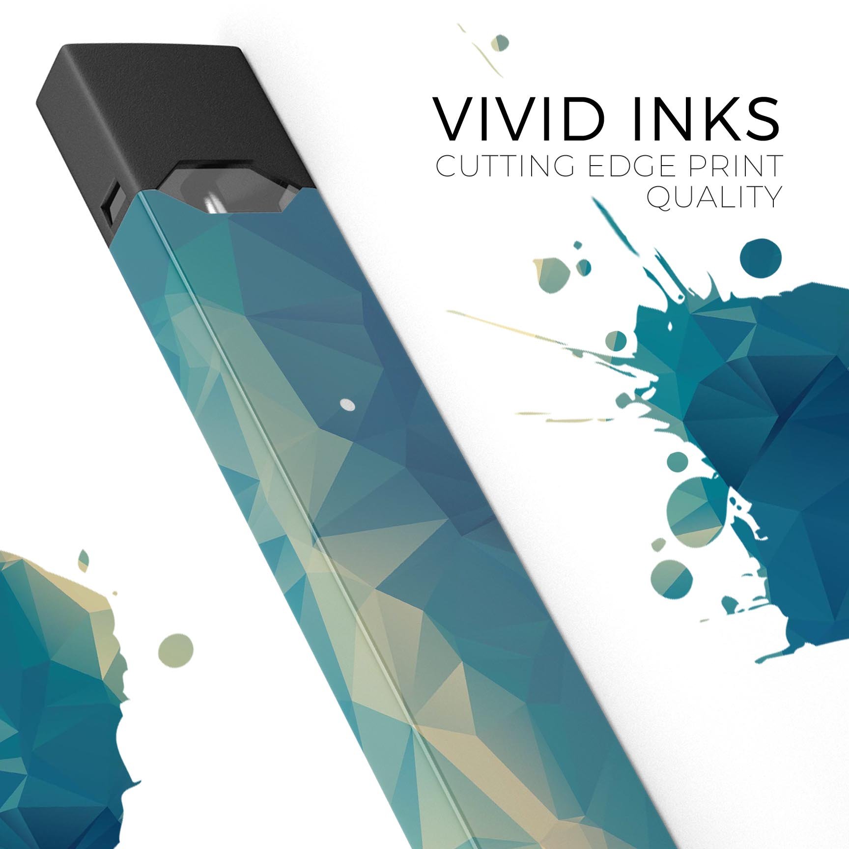 Abstract Aqua and Gold Geometric Shapes decal skin for JUUL vaping device, showcasing vibrant colors and geometric patterns.