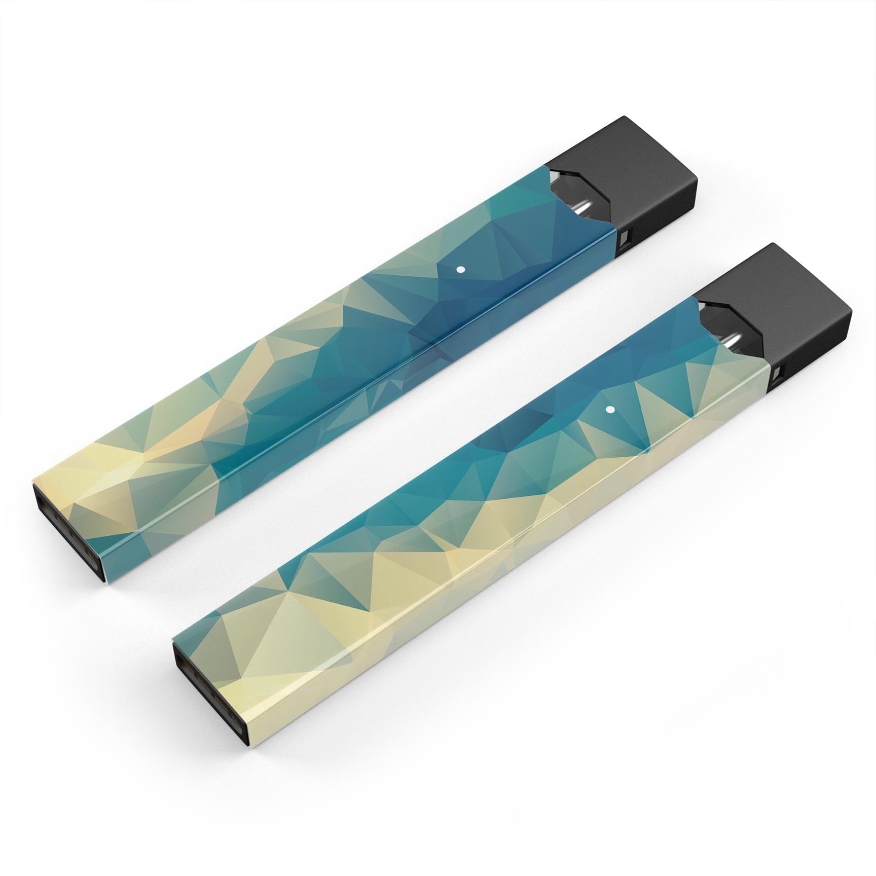 Abstract Aqua and Gold Geometric Shapes decal skin for JUUL vaping device, showcasing vibrant colors and geometric patterns.