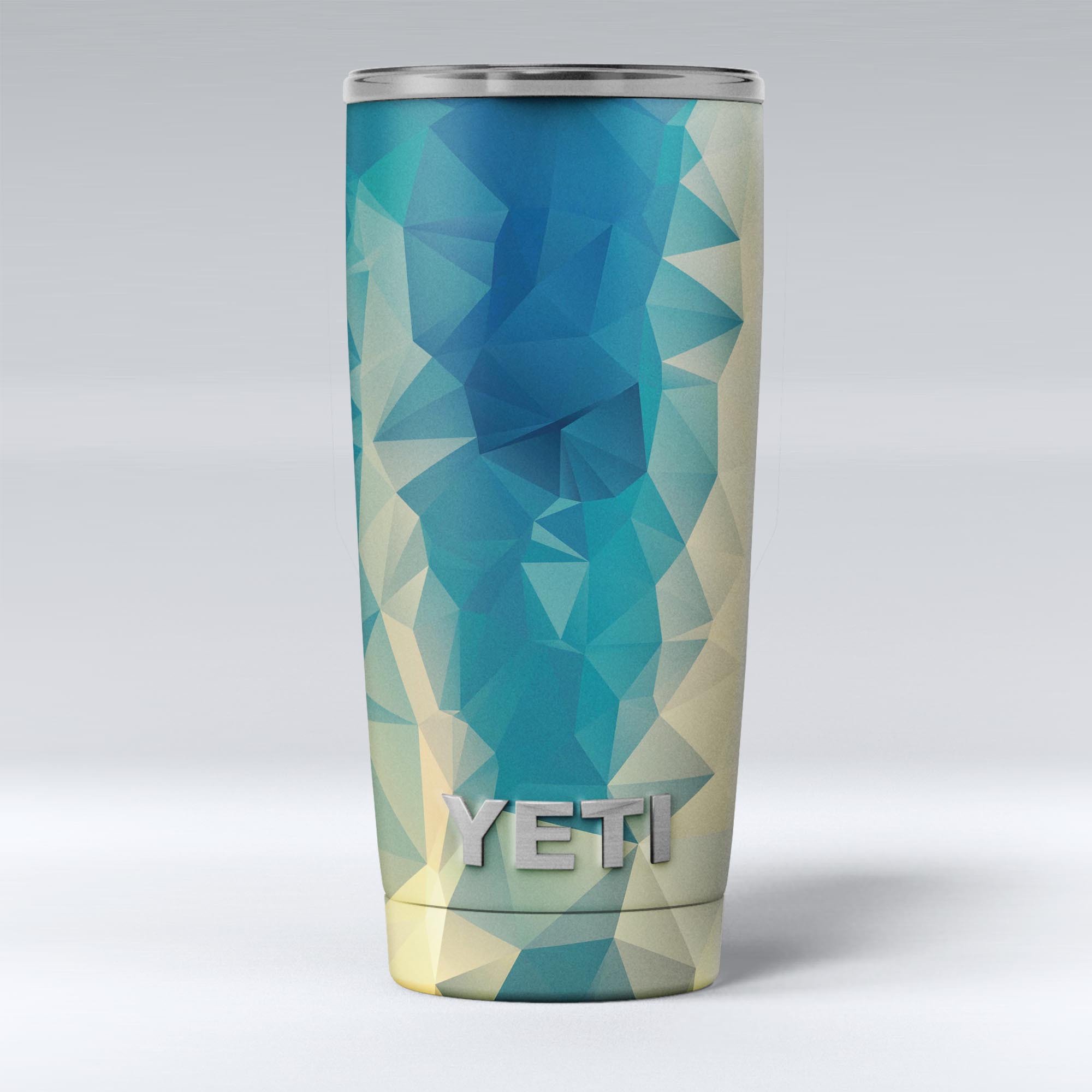 Abstract Aqua and Gold Geometric Shapes skin decal vinyl wrap kit for Yeti Coolers, showcasing vibrant colors and geometric designs.