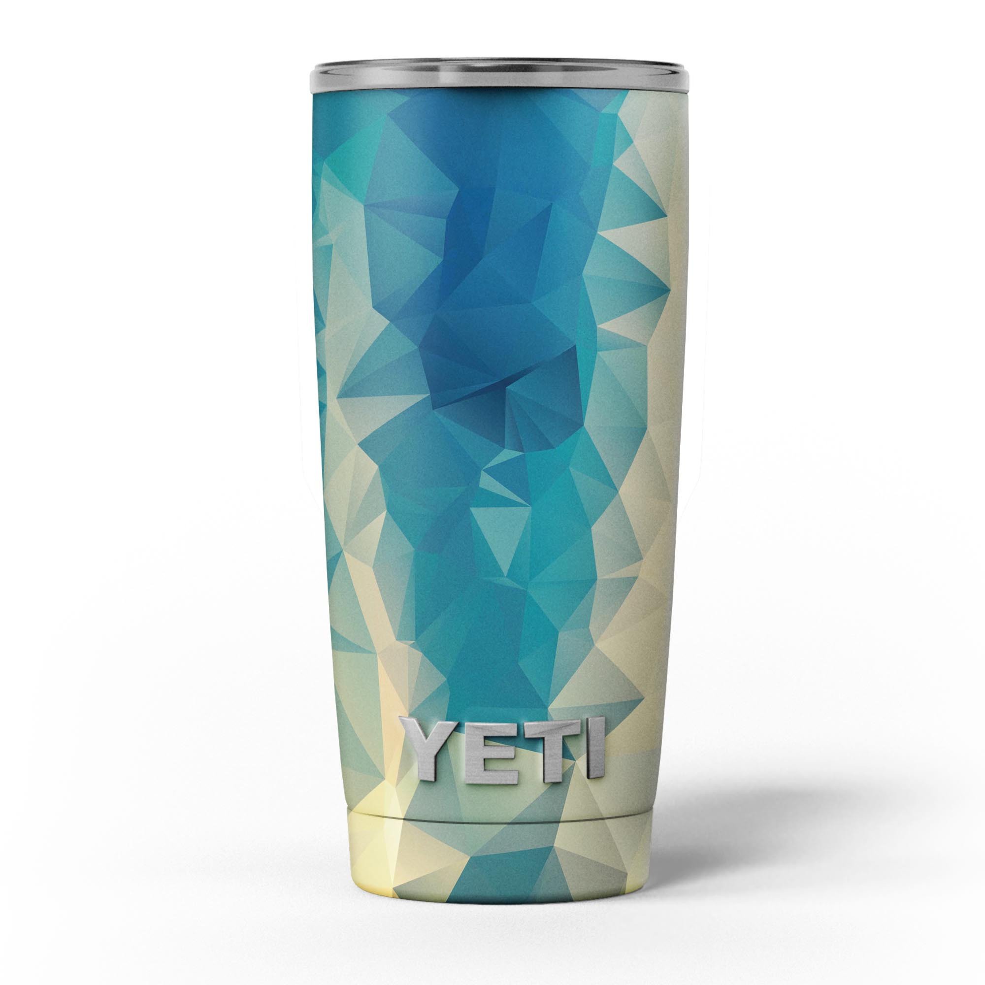 Abstract Aqua and Gold Geometric Shapes skin decal vinyl wrap kit for Yeti Coolers, showcasing vibrant colors and geometric designs.