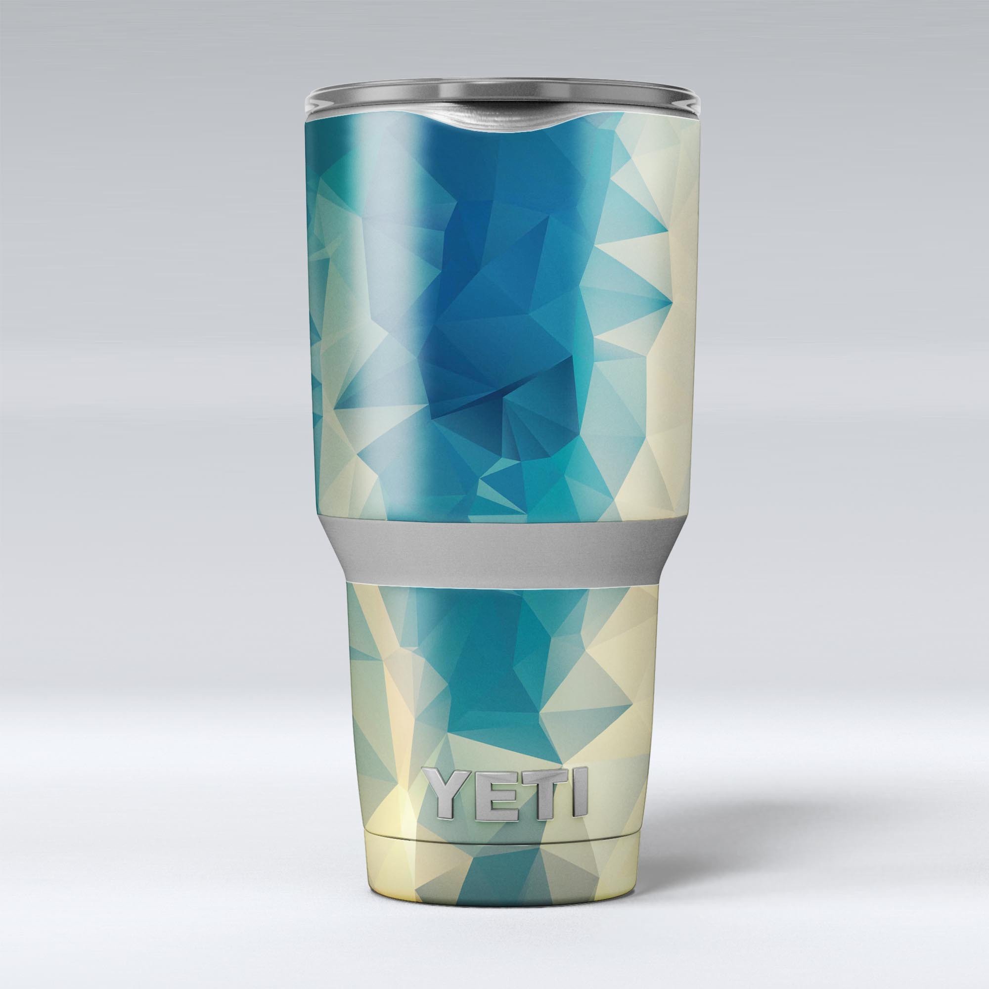 Abstract Aqua and Gold Geometric Shapes skin decal vinyl wrap kit for Yeti Coolers, showcasing vibrant colors and geometric designs.