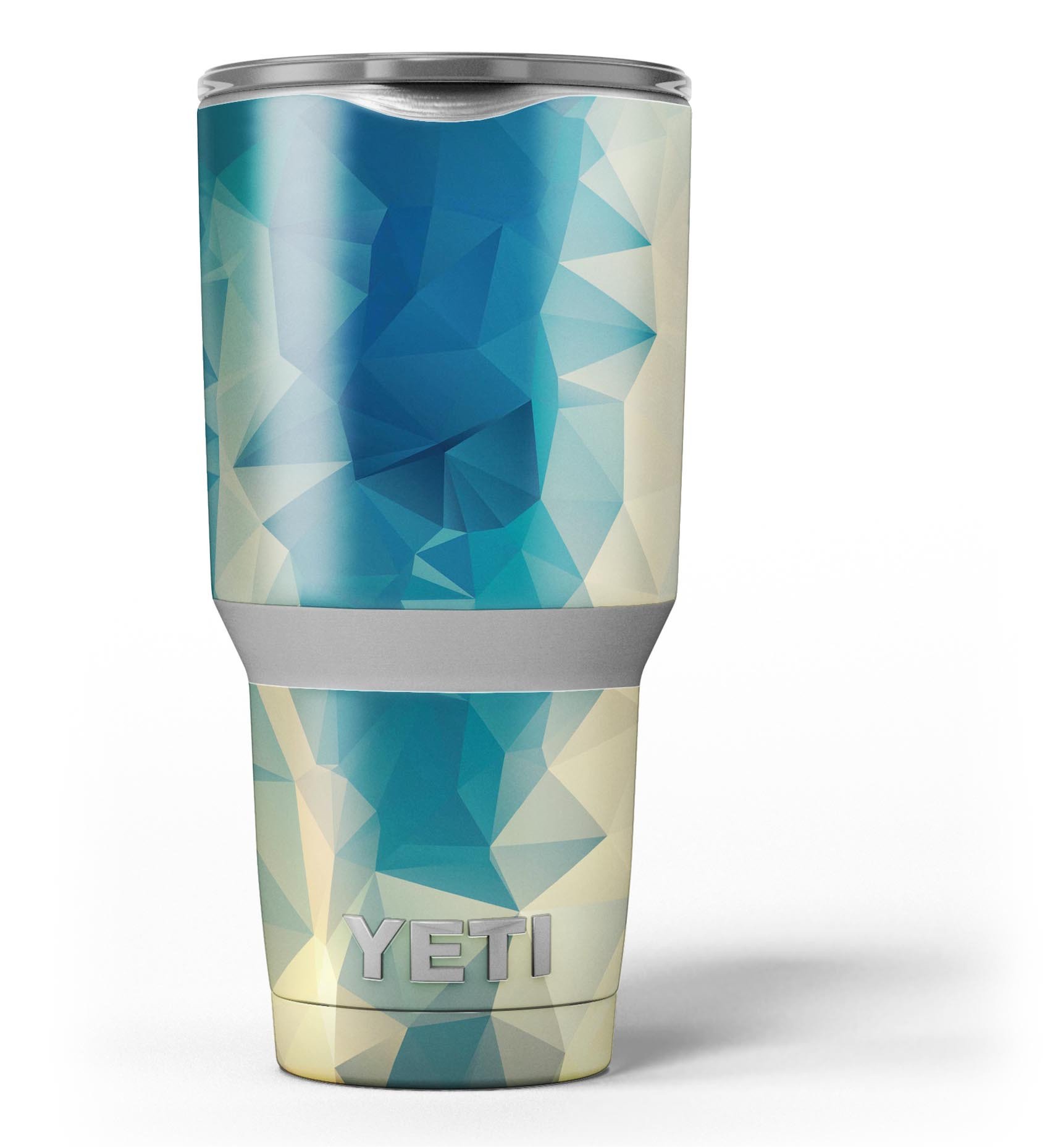 Abstract Aqua and Gold Geometric Shapes skin decal vinyl wrap kit for Yeti Coolers, showcasing vibrant colors and geometric designs.