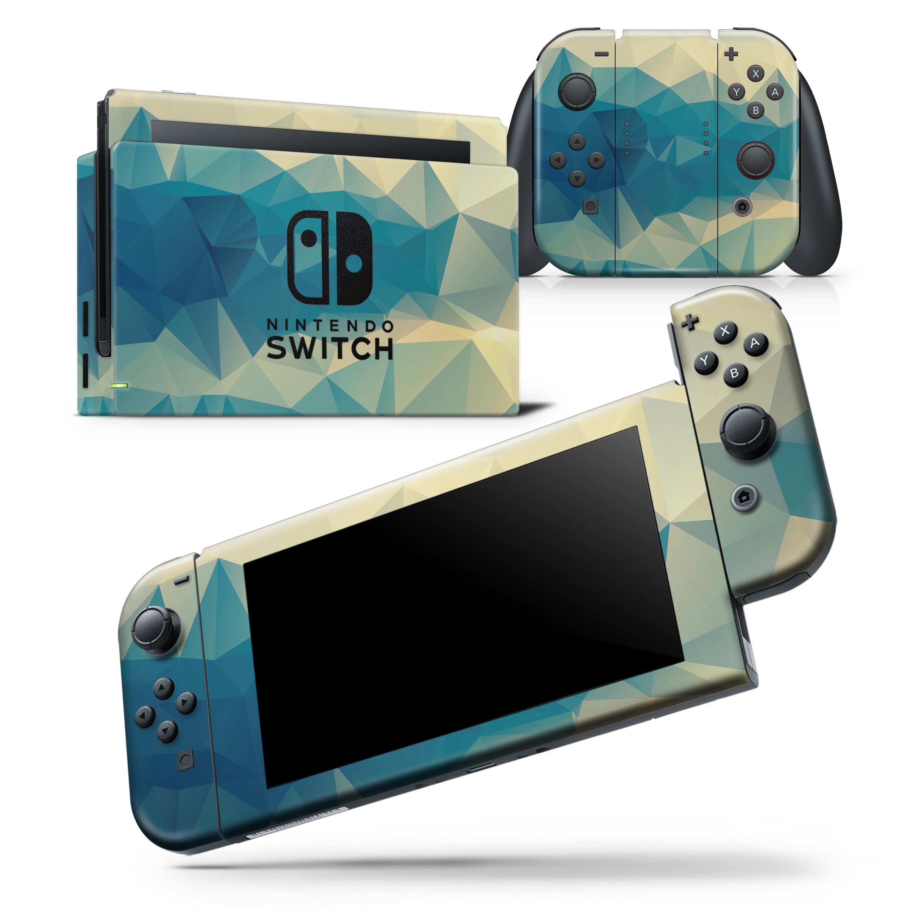 Abstract Aqua and Gold Geometric Shapes skin wrap decal for Nintendo Switch, showcasing vibrant geometric patterns and a sleek design.