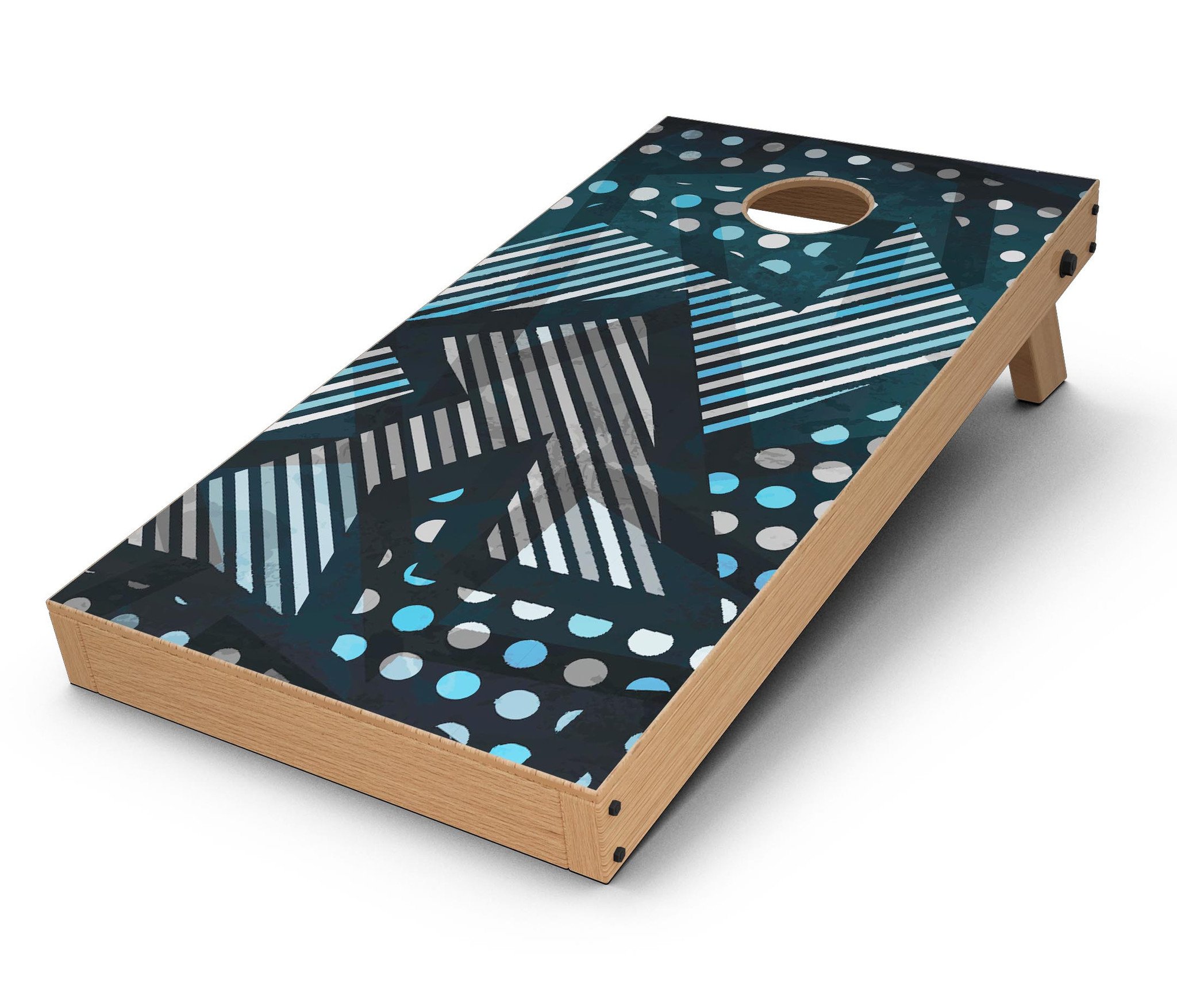 Abstract Black and Blue Overlap Cornhole Board Skin Decal Kit displayed on a wooden surface, showcasing its vibrant design and premium quality.