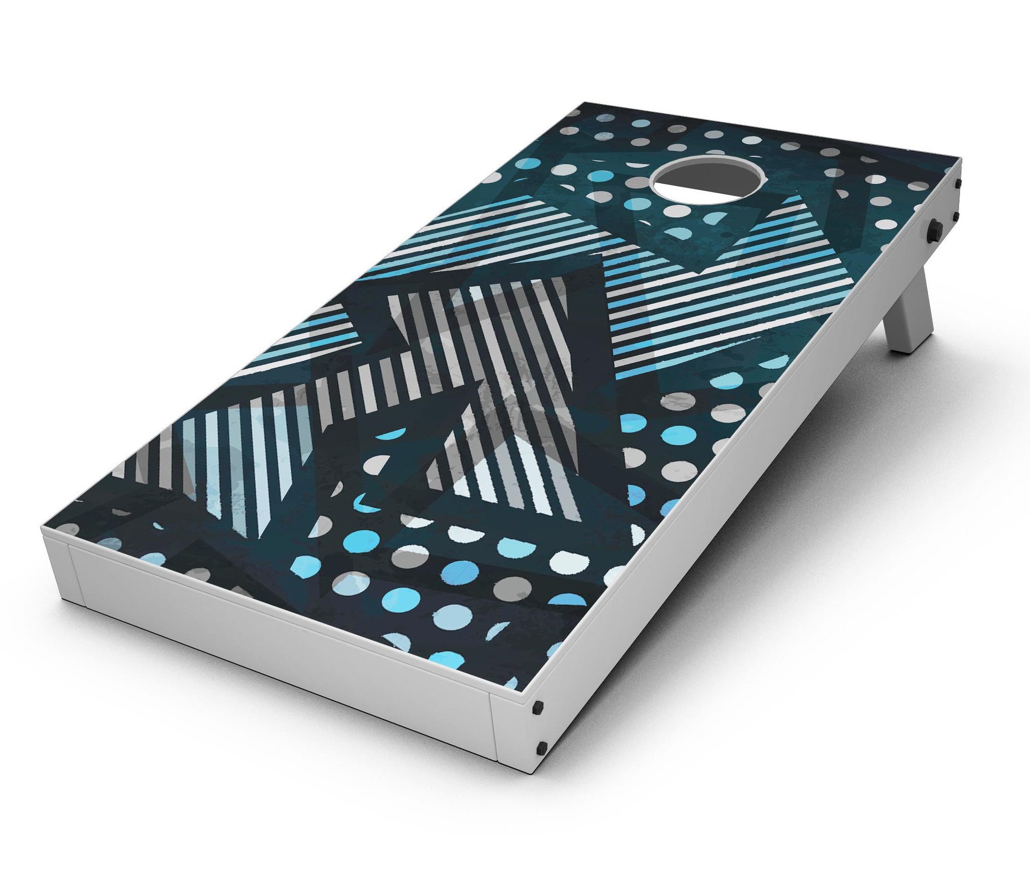 Abstract Black and Blue Overlap Cornhole Board Skin Decal Kit displayed on a wooden surface, showcasing its vibrant design and premium quality.