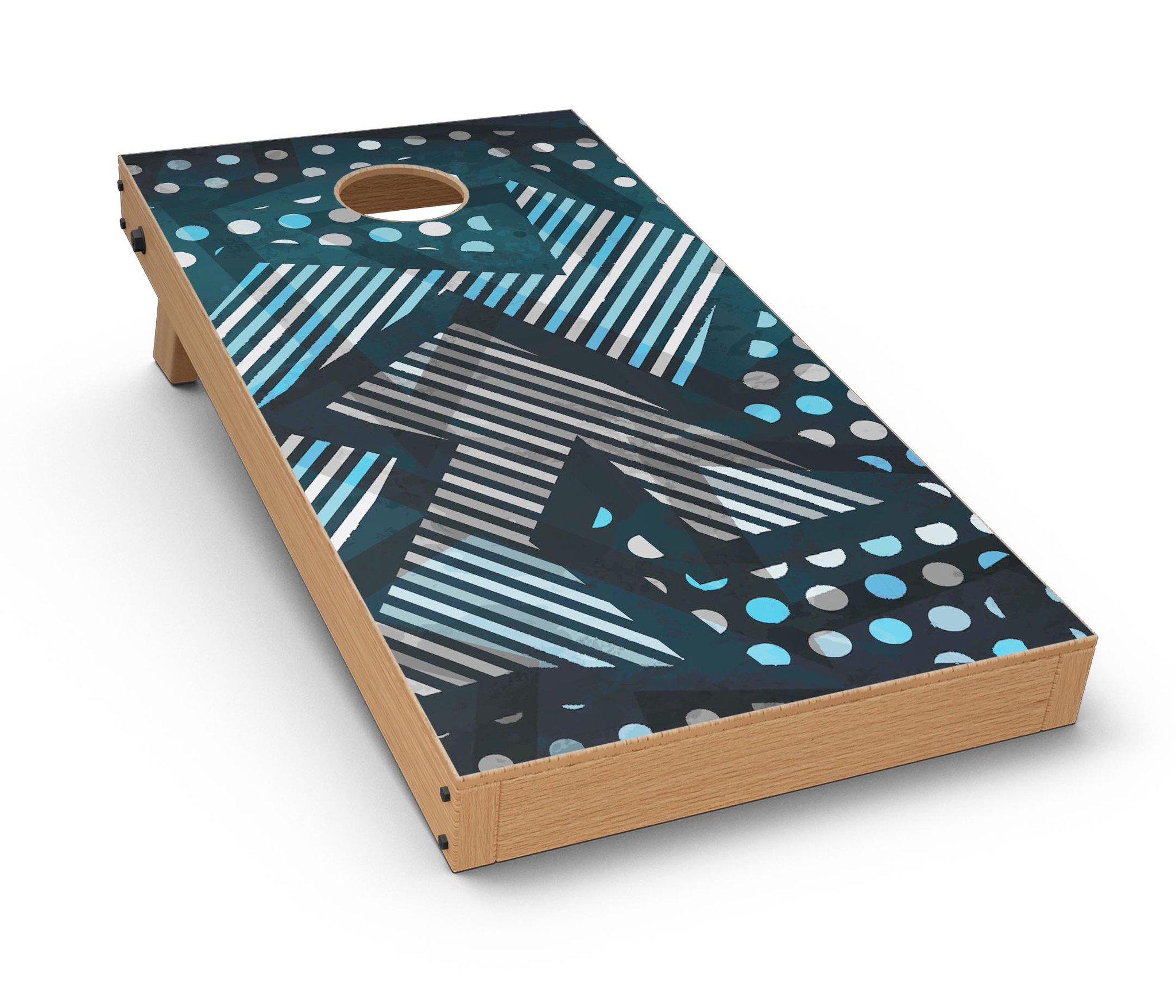 Abstract Black and Blue Overlap Cornhole Board Skin Decal Kit displayed on a wooden surface, showcasing its vibrant design and premium quality.