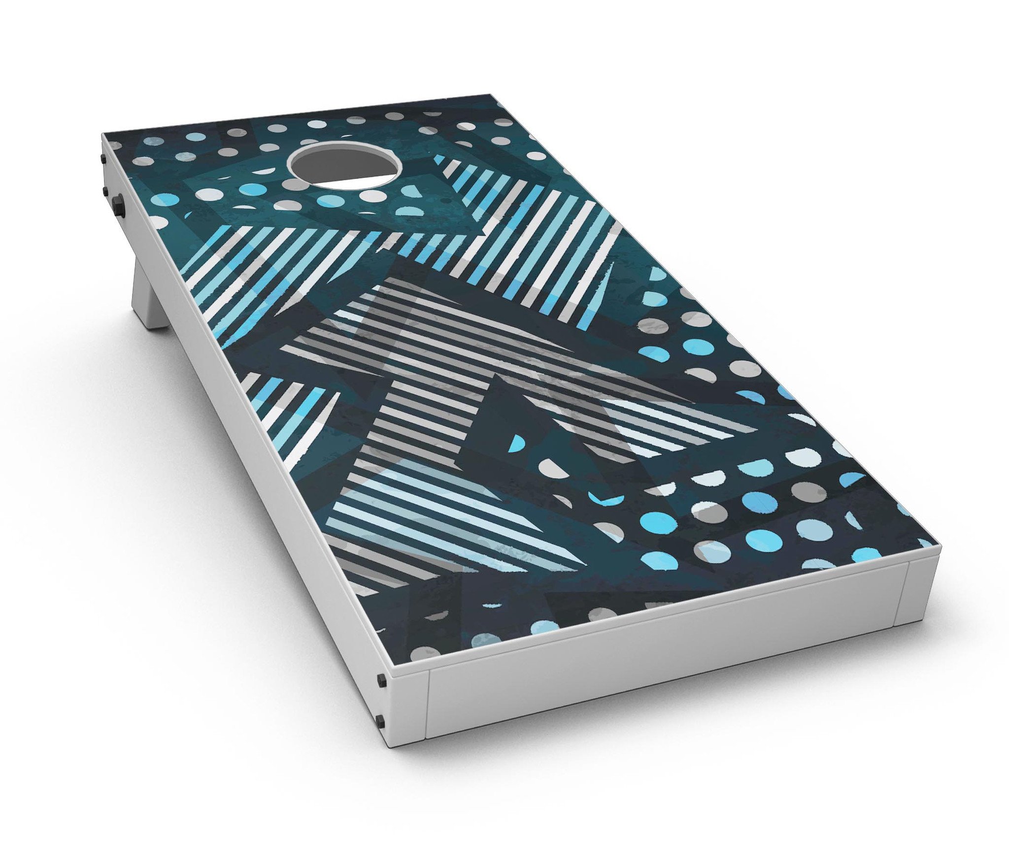 Abstract Black and Blue Overlap Cornhole Board Skin Decal Kit displayed on a wooden surface, showcasing its vibrant design and premium quality.