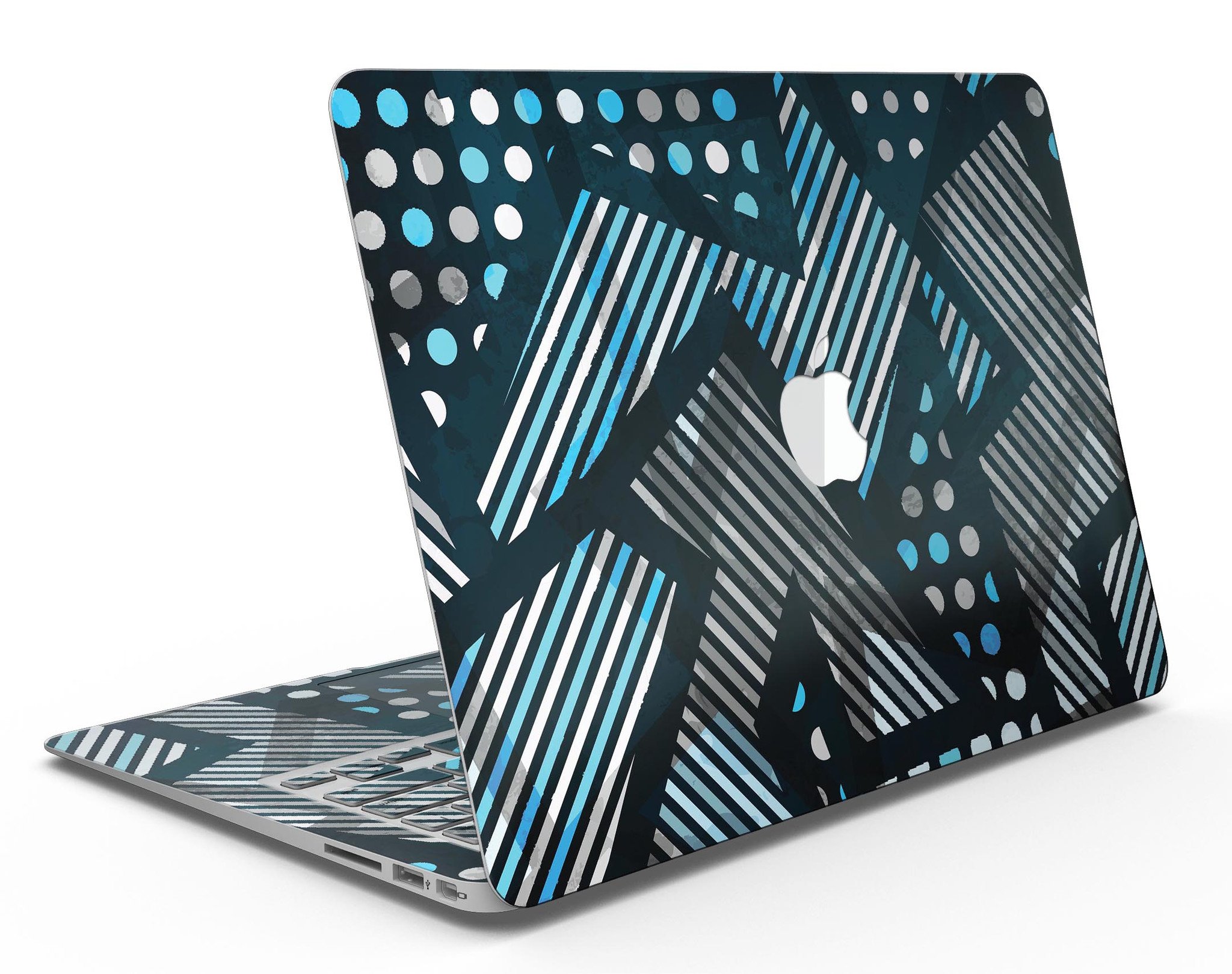 Abstract Black and Blue Overlap Skin Kit for MacBook Air, showcasing a stylish design with premium vinyl material.