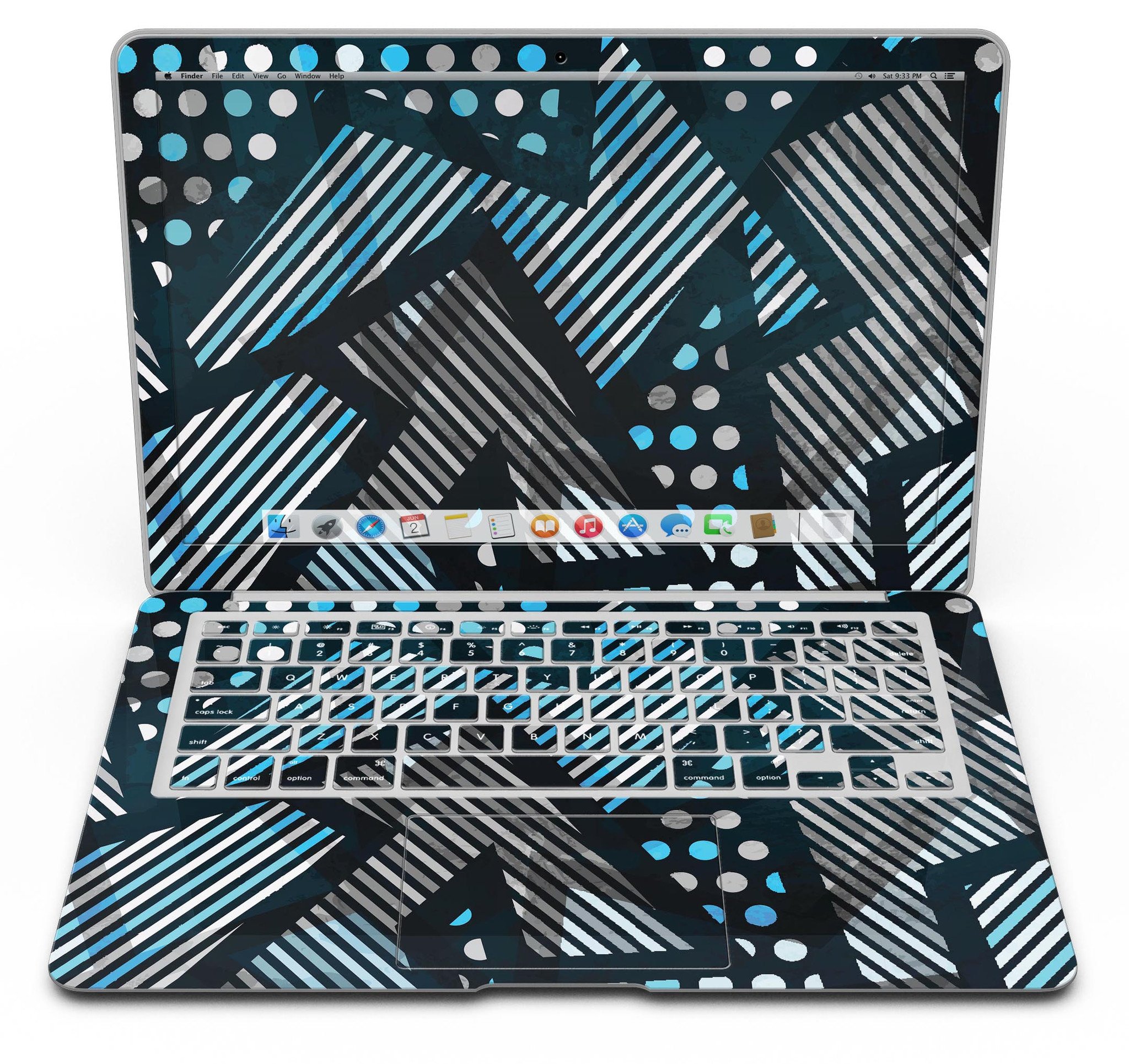 Abstract Black and Blue Overlap Skin Kit for MacBook Air, showcasing a stylish design with premium vinyl material.