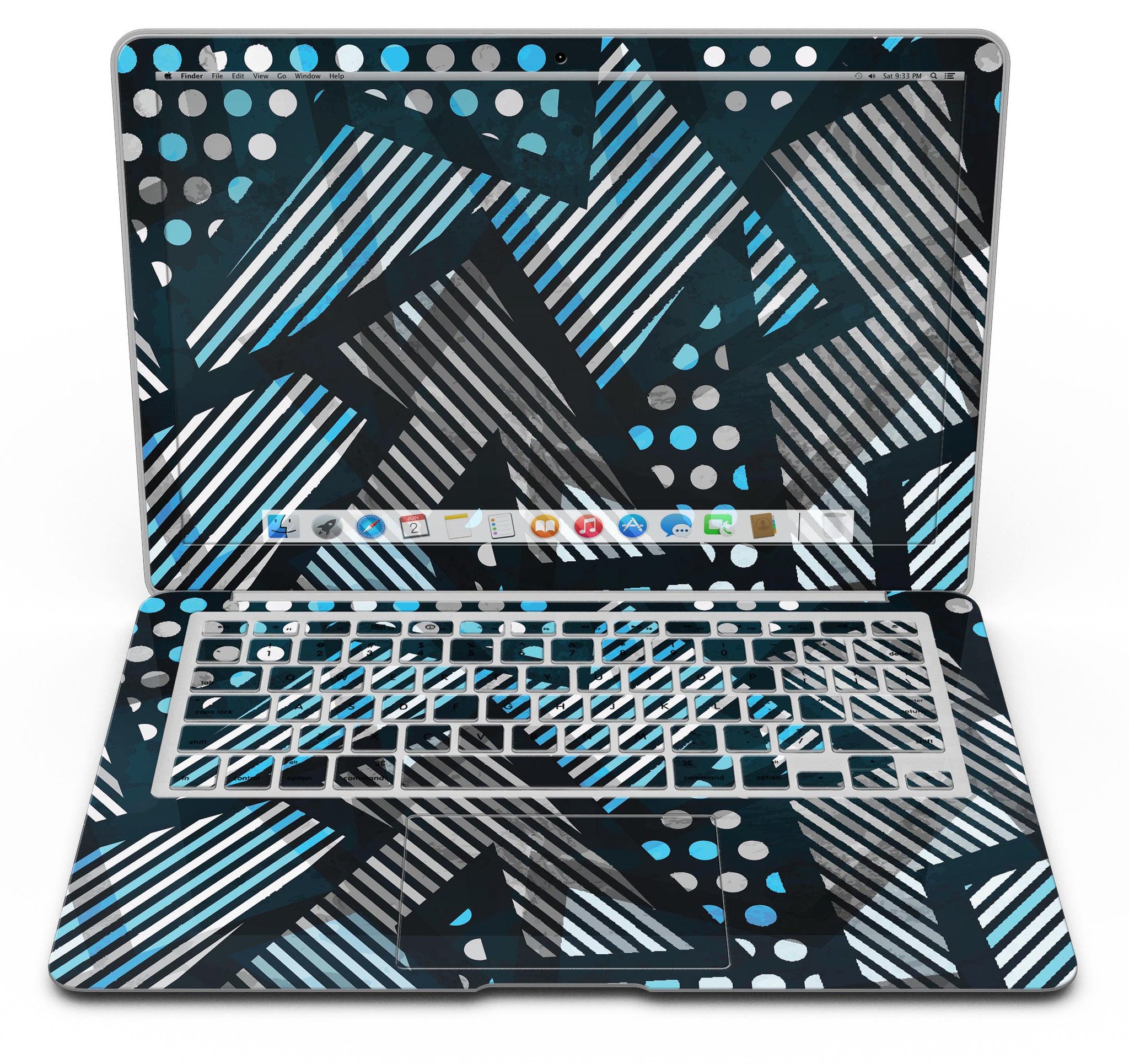 Abstract Black and Blue Overlap Skin Kit for MacBook Air, showcasing a stylish design with premium vinyl material.