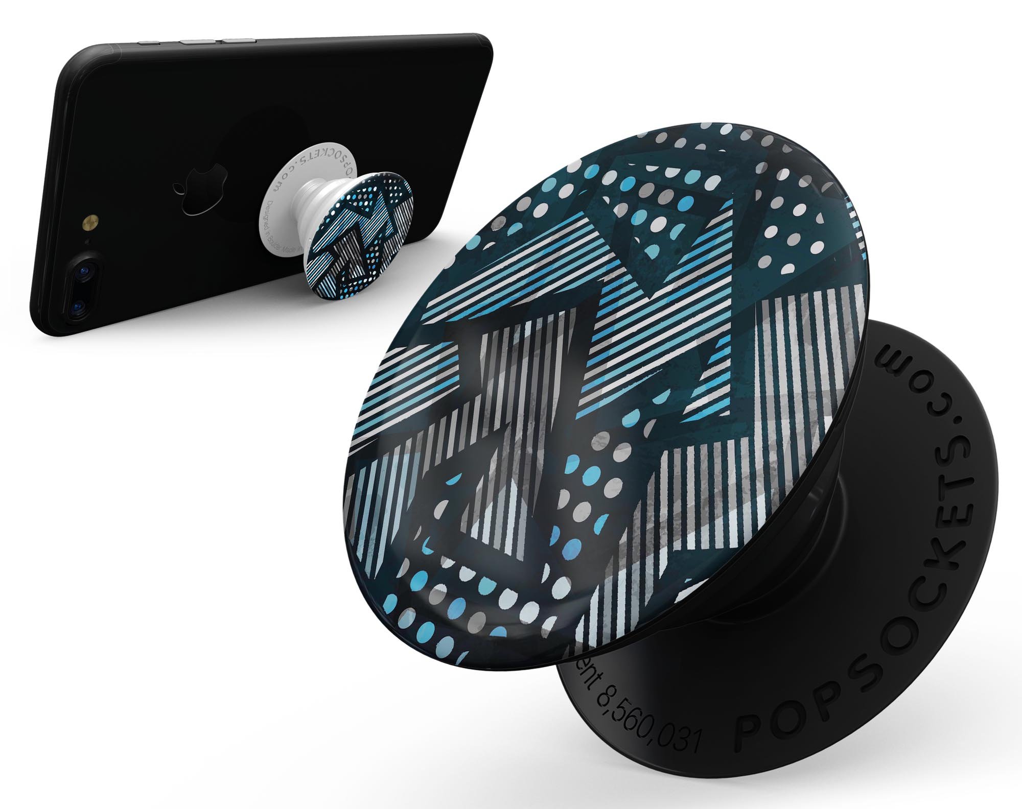 Abstract Black and Blue Overlap Skin Kit for PopSockets, showcasing a vibrant design on a smartphone grip.