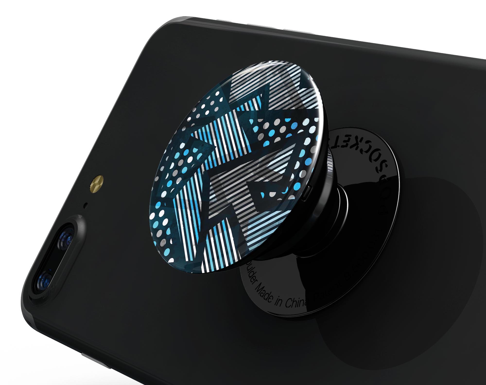 Abstract Black and Blue Overlap Skin Kit for PopSockets, showcasing a vibrant design on a smartphone grip.