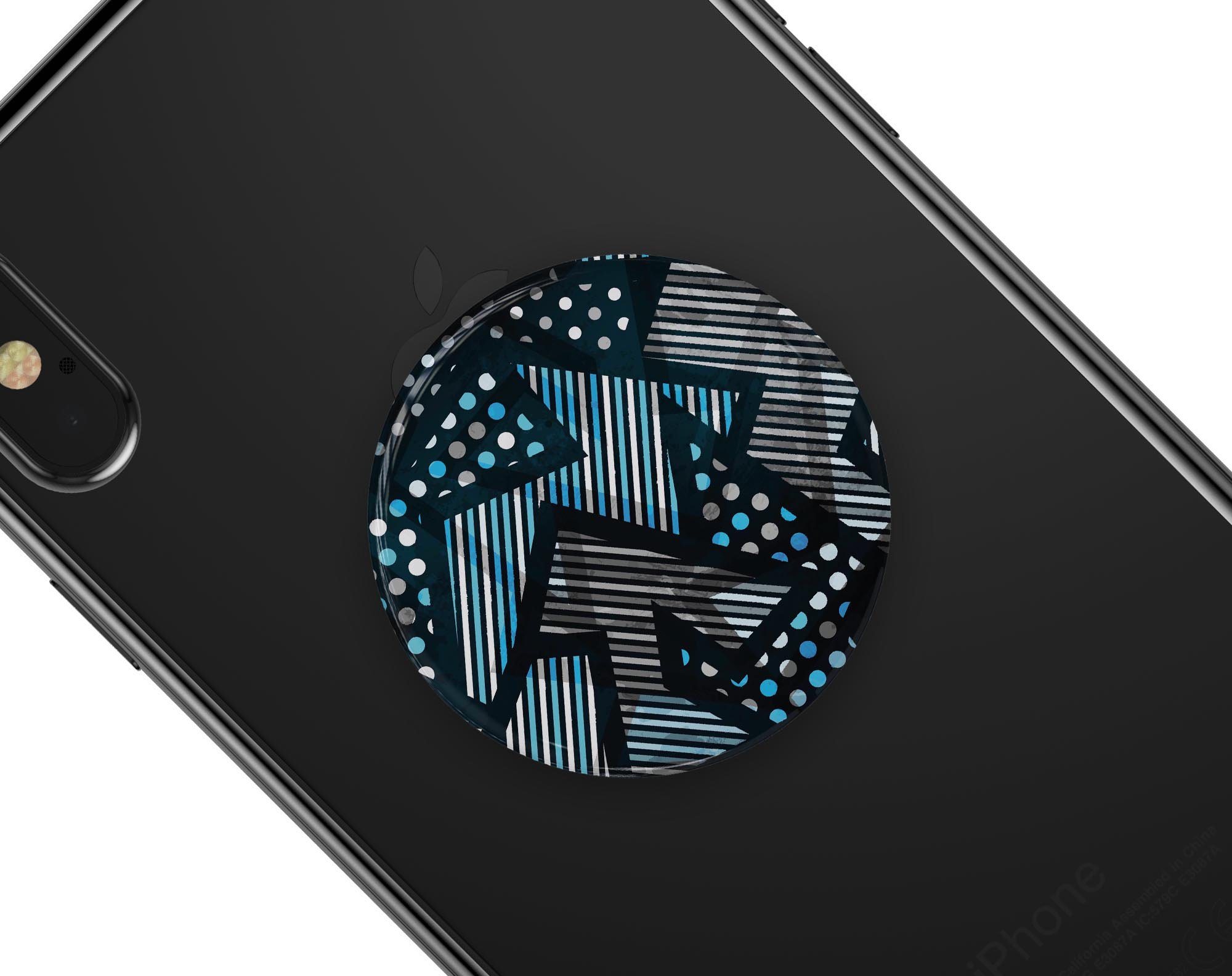 Abstract Black and Blue Overlap Skin Kit for PopSockets, showcasing a vibrant design on a smartphone grip.