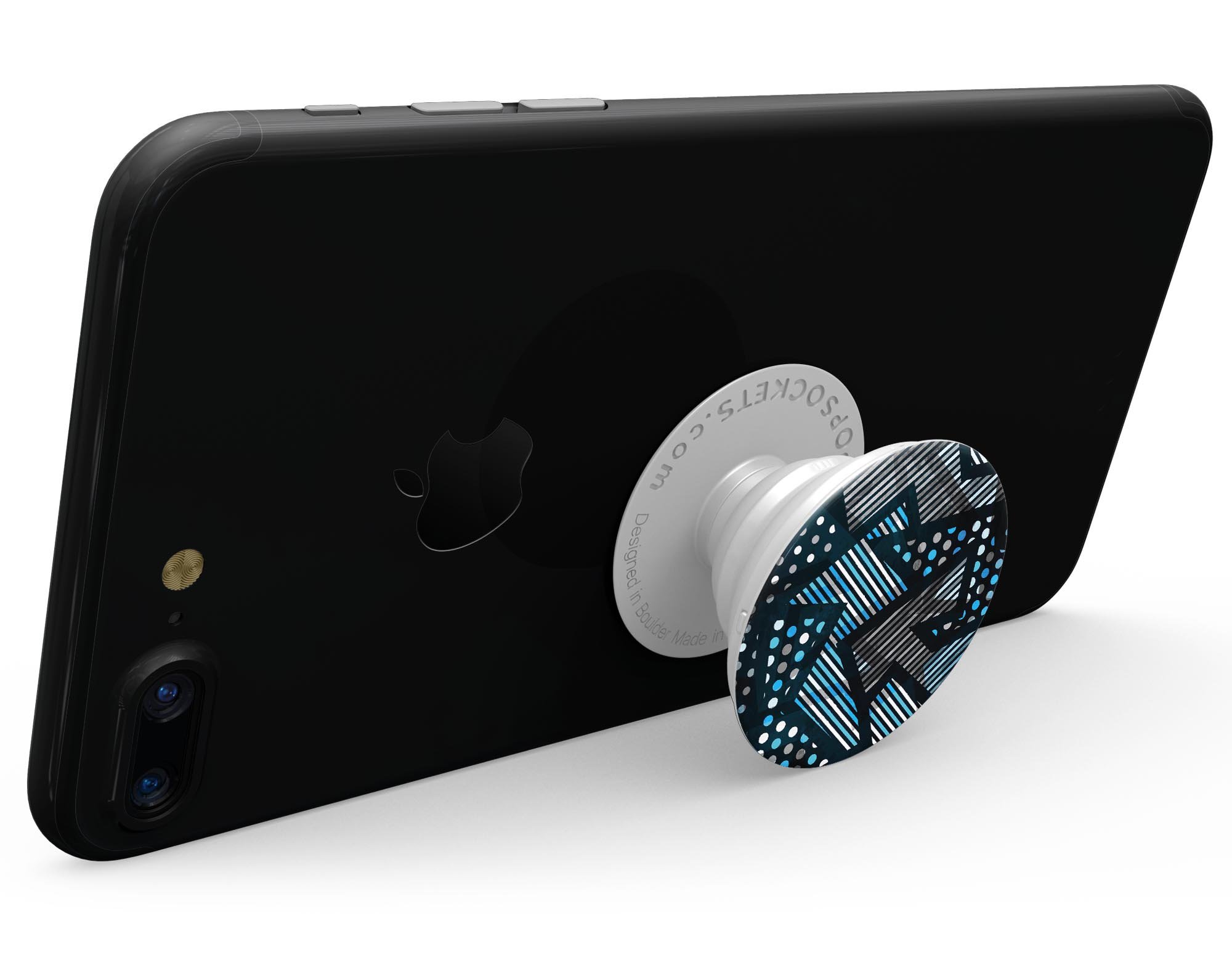 Abstract Black and Blue Overlap Skin Kit for PopSockets, showcasing a vibrant design on a smartphone grip.