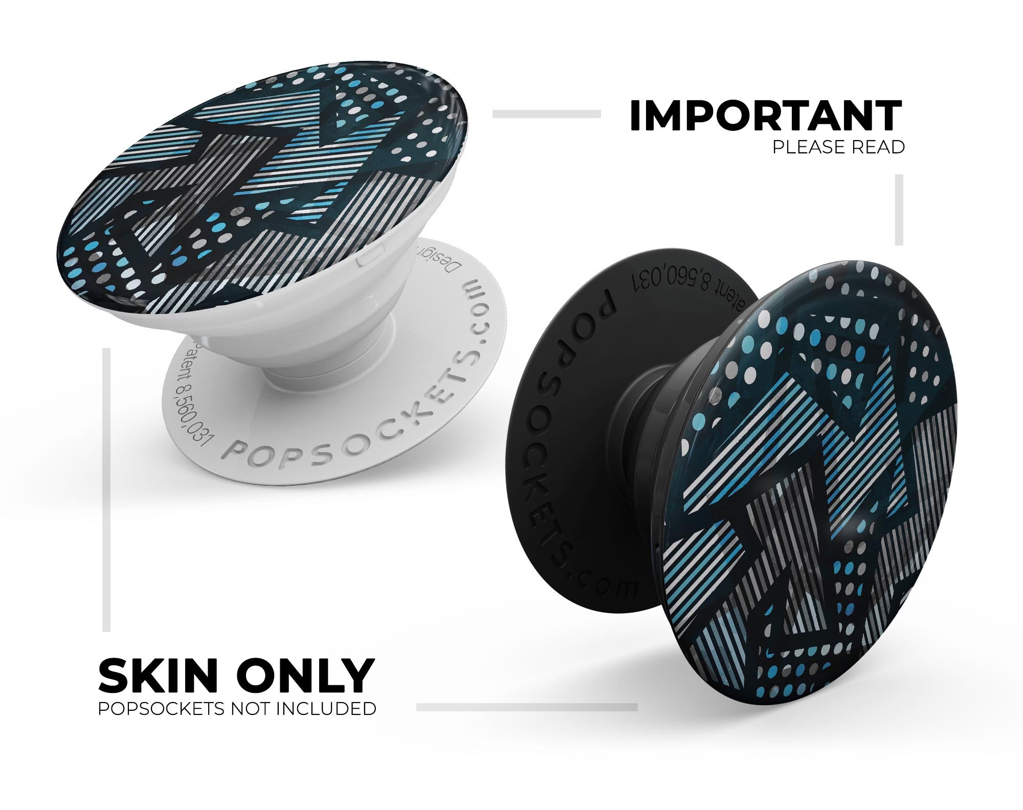 Abstract Black and Blue Overlap Skin Kit for PopSockets, showcasing a vibrant design on a smartphone grip.