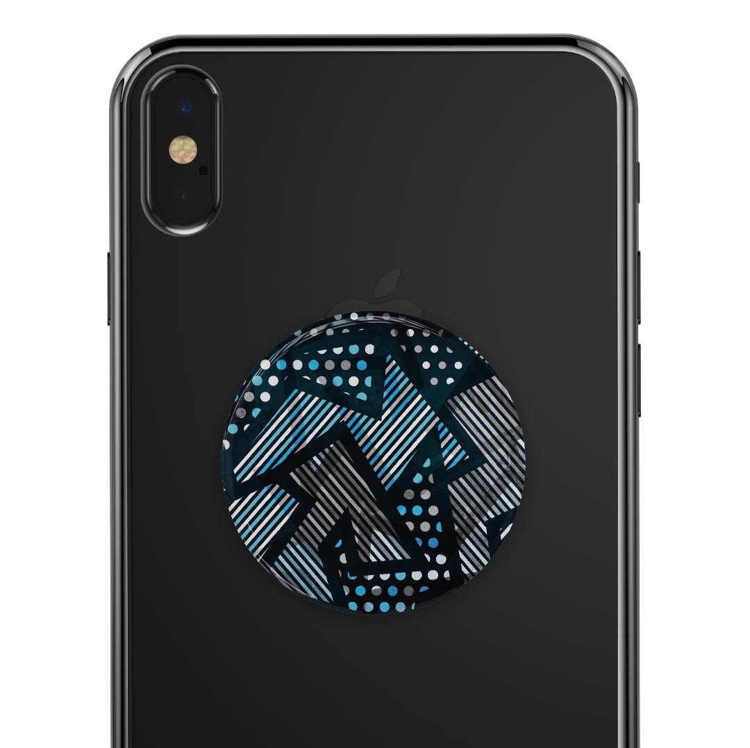 Abstract Black and Blue Overlap Skin Kit for PopSockets, showcasing a vibrant design on a smartphone grip.