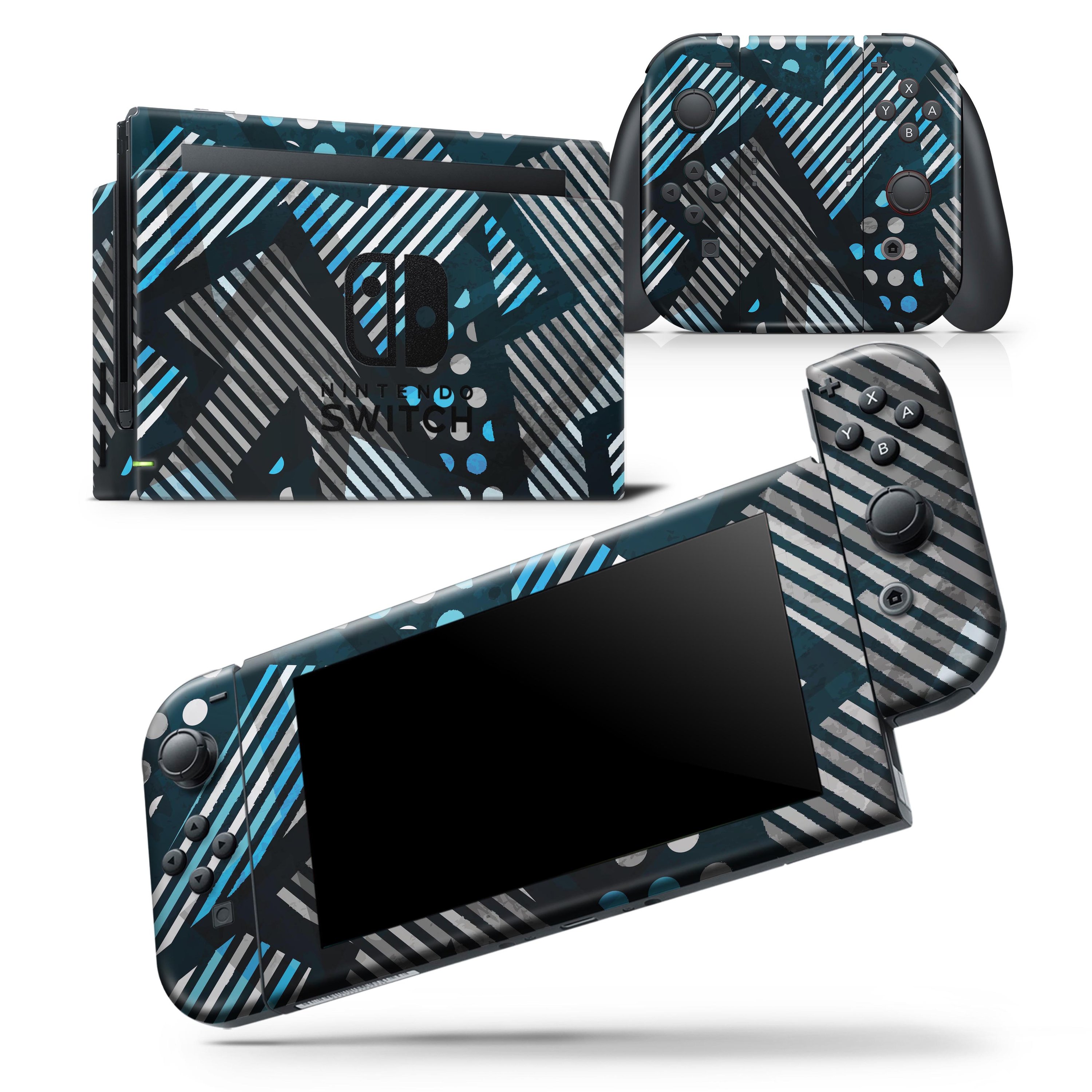 Abstract Black and Blue Overlap skin wrap decal for Nintendo Switch, showcasing a stylish design that fits the console and controllers perfectly.