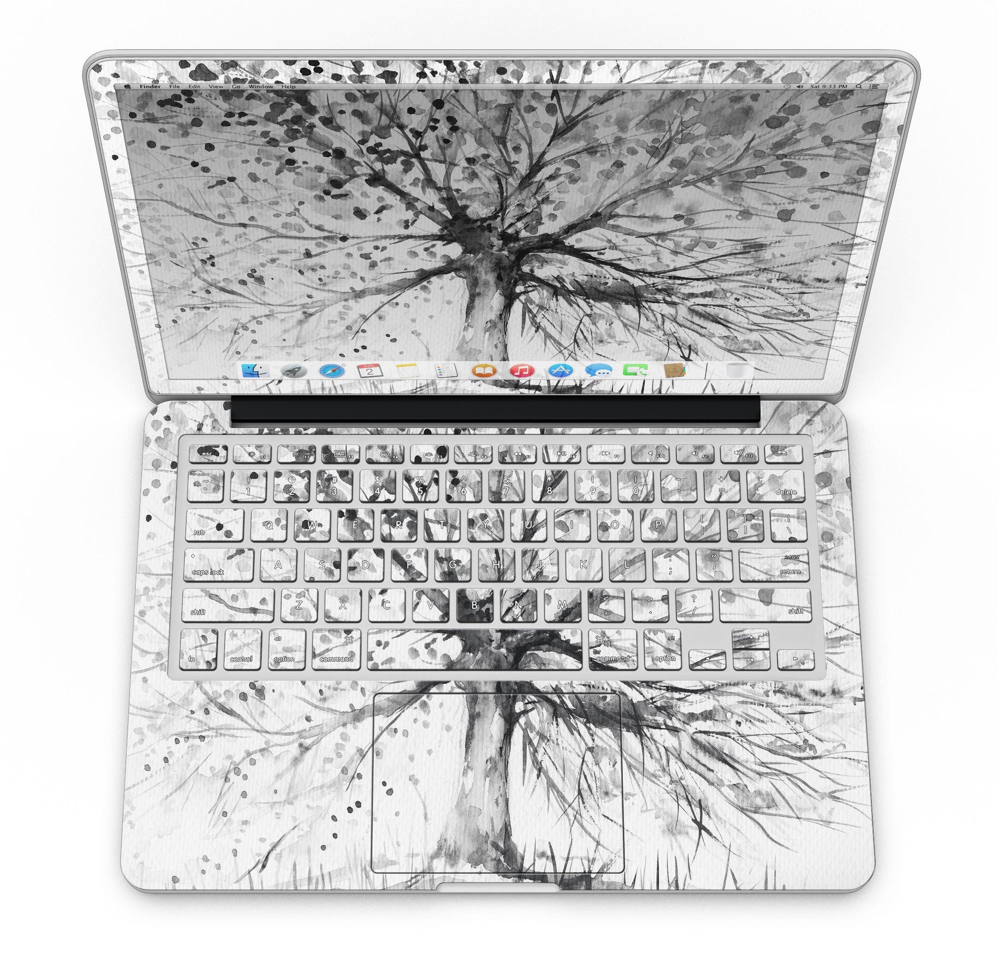 Abstract Black and White WaterColor Vivid Tree skin for MacBook Pro, showcasing a vibrant artistic design on a sleek laptop surface.