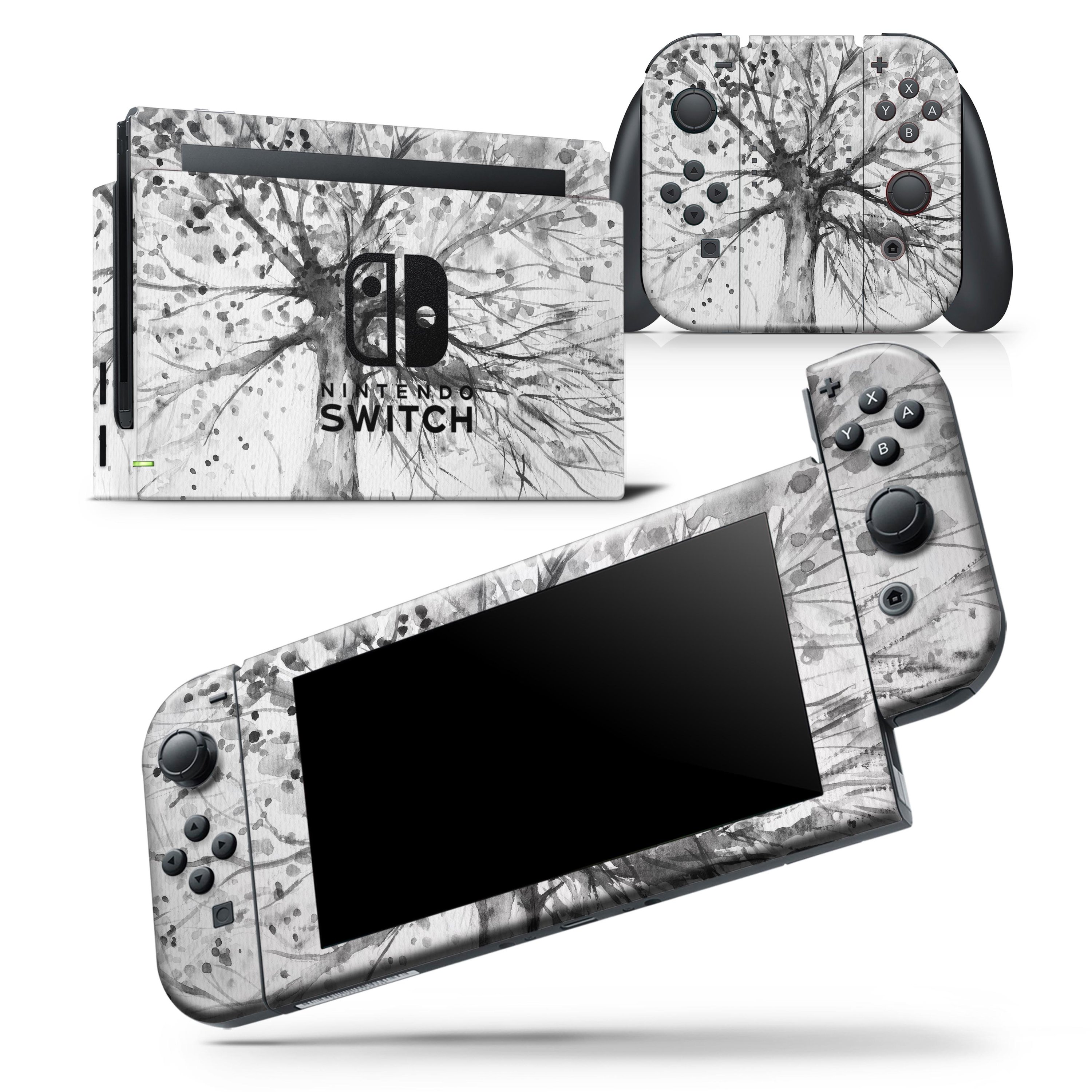 Abstract Black and White WaterColor Vivid Tree skin wrap decal for Nintendo Switch, showcasing a unique artistic design.