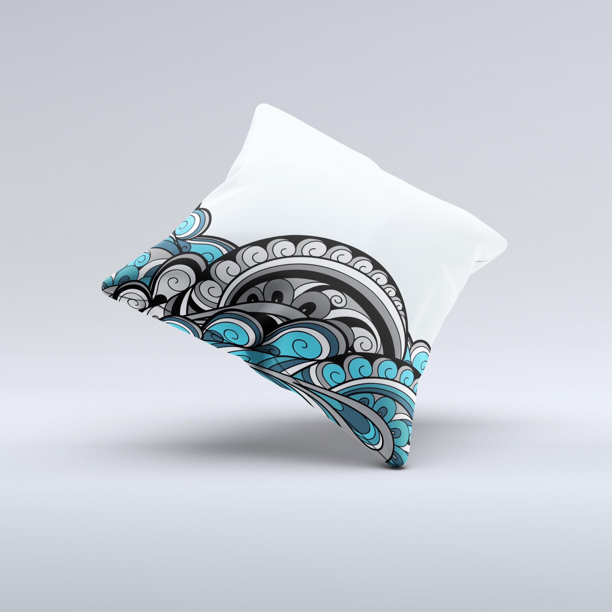 Abstract Black & Blue Paisley Waves decorative throw pillow, showcasing intricate paisley patterns on a soft fabric.