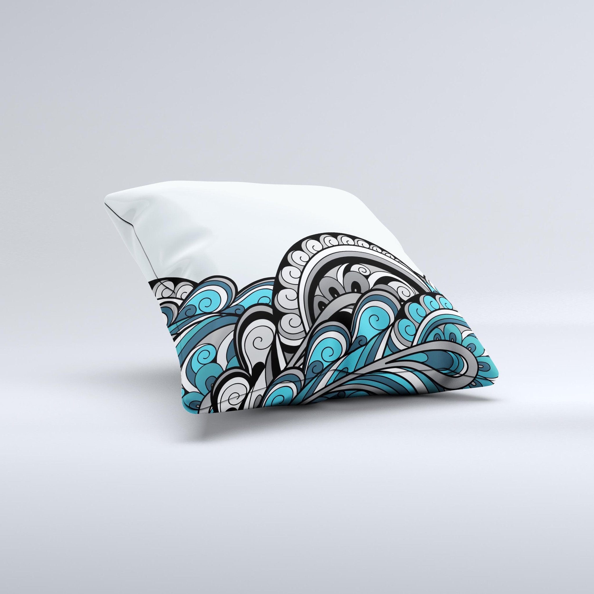 Abstract Black & Blue Paisley Waves decorative throw pillow, showcasing intricate paisley patterns on a soft fabric.