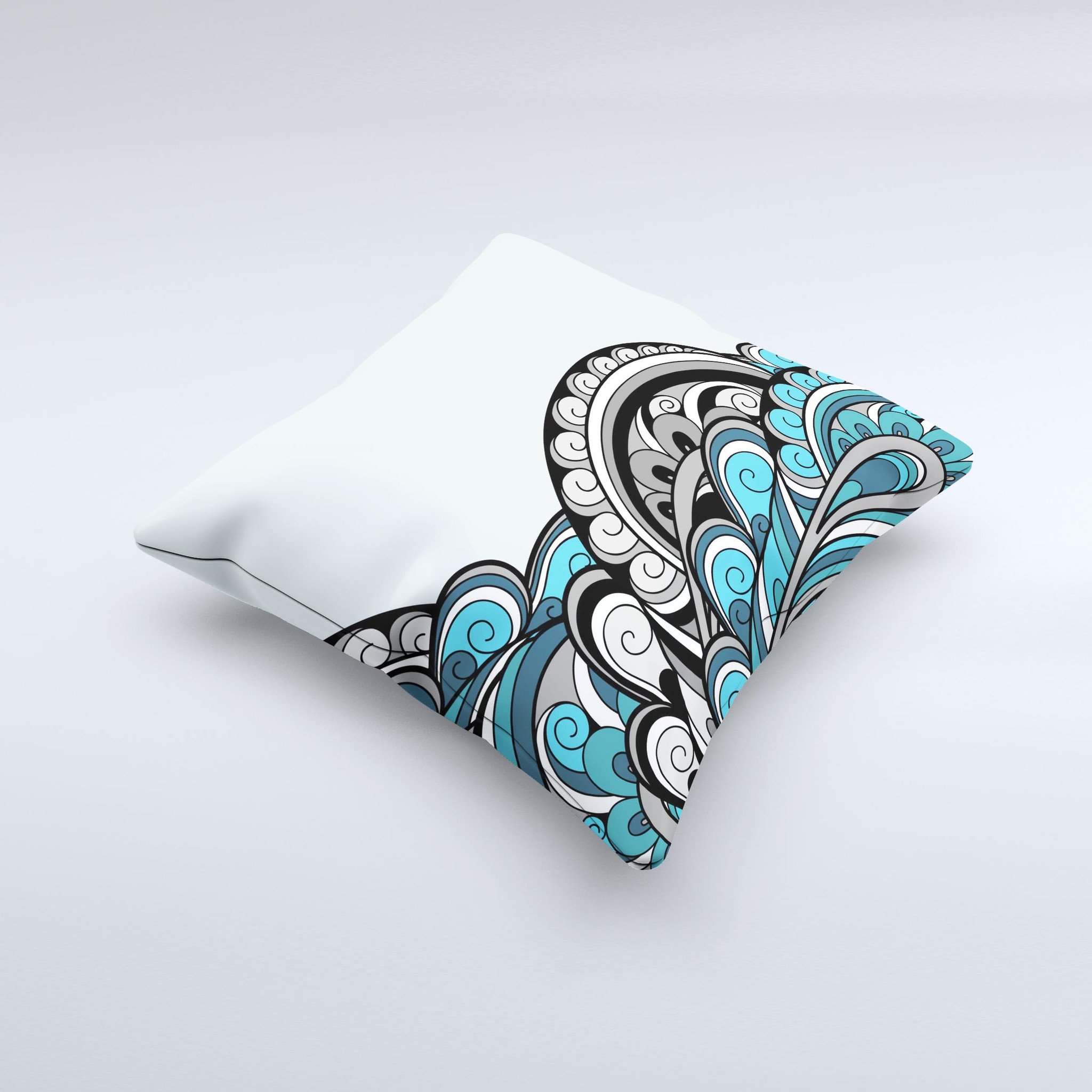 Abstract Black & Blue Paisley Waves decorative throw pillow, showcasing intricate paisley patterns on a soft fabric.