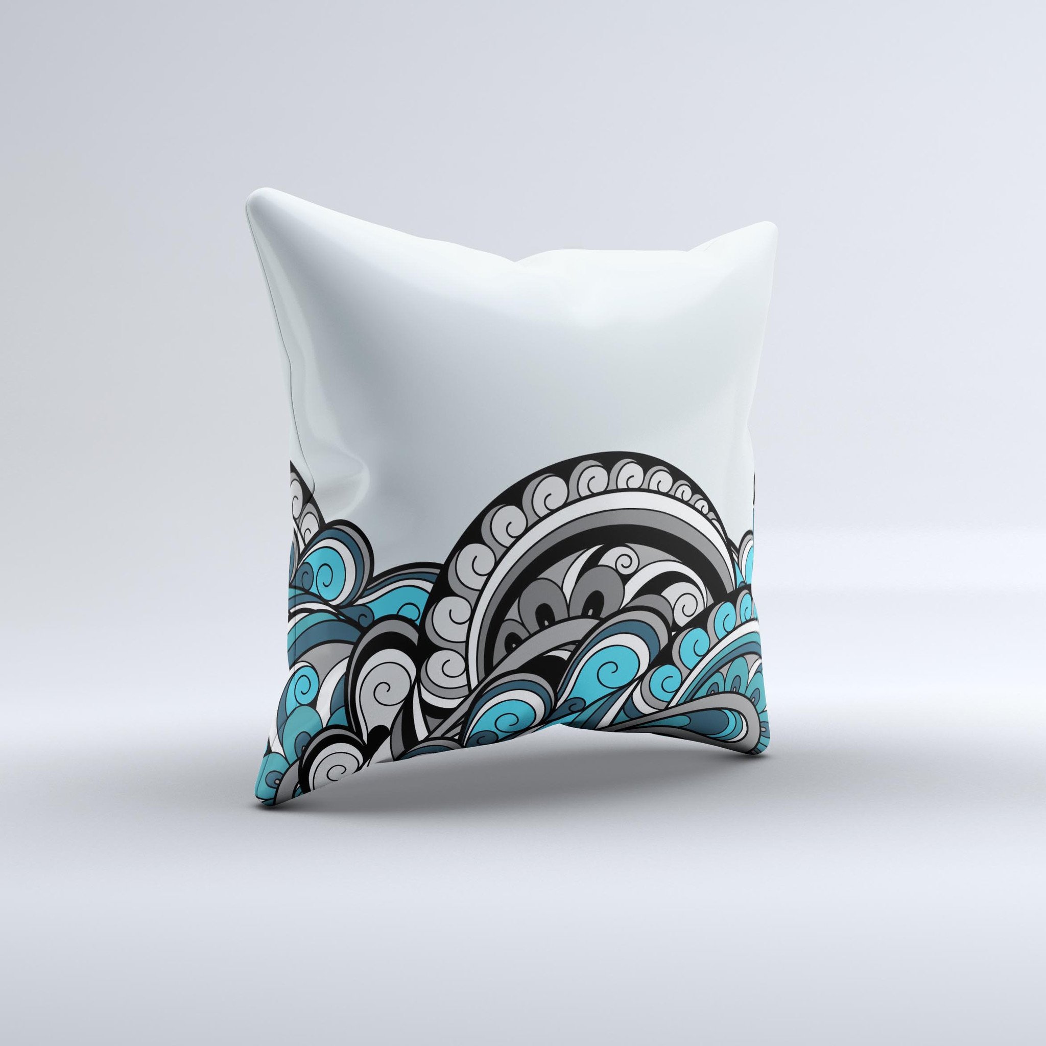 Abstract Black & Blue Paisley Waves decorative throw pillow, showcasing intricate paisley patterns on a soft fabric.