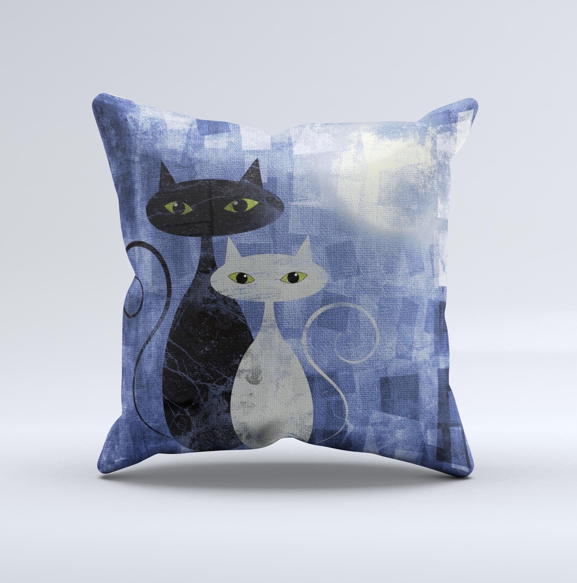 Abstract decorative throw pillow featuring black and white cat designs, handcrafted in Virginia with high-quality fabric.