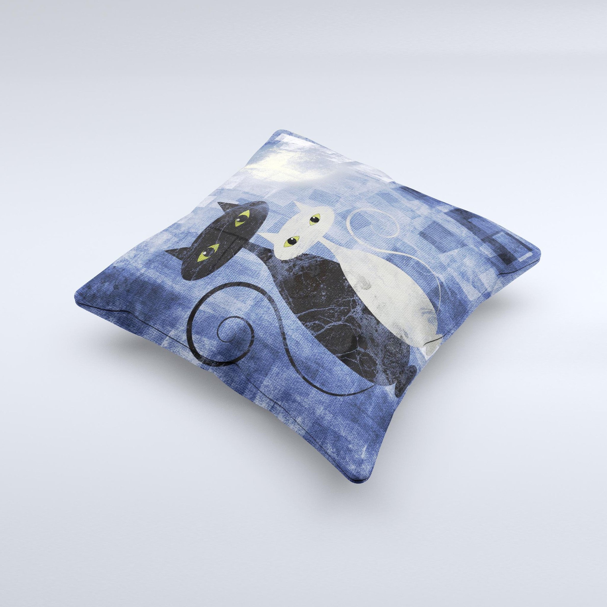 Abstract decorative throw pillow featuring black and white cat designs, handcrafted in Virginia with high-quality fabric.