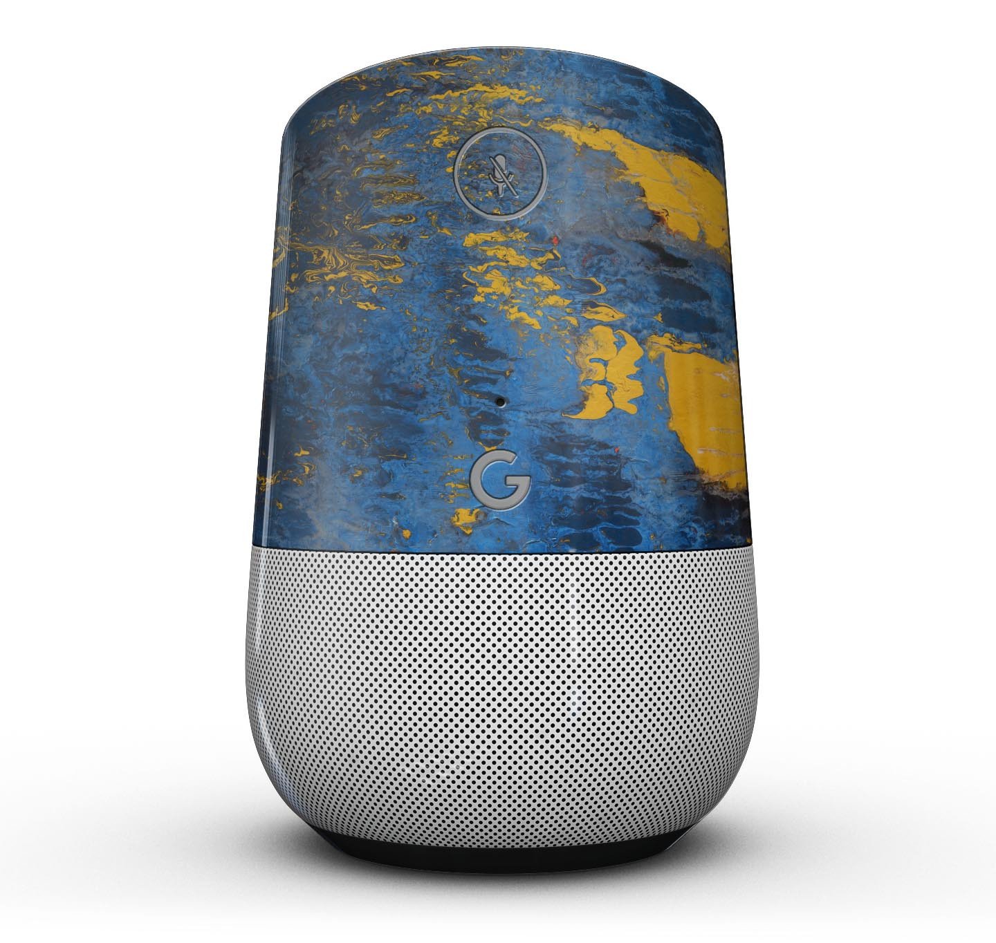 Abstract Blue and Gold Full-Body Skin Kit for Google Home Assistant, showcasing a vibrant design with a glossy finish.