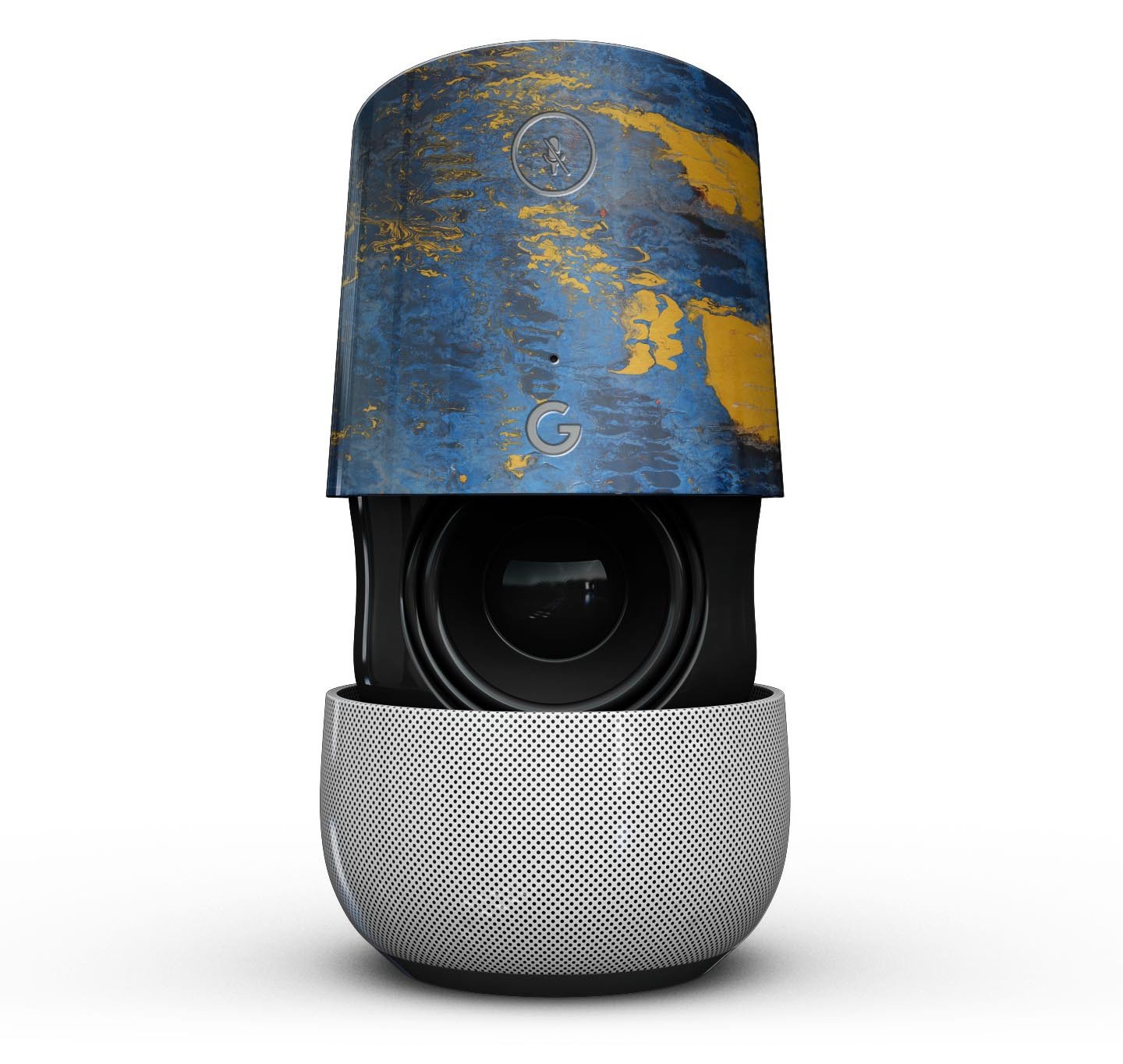 Abstract Blue and Gold Full-Body Skin Kit for Google Home Assistant, showcasing a vibrant design with a glossy finish.