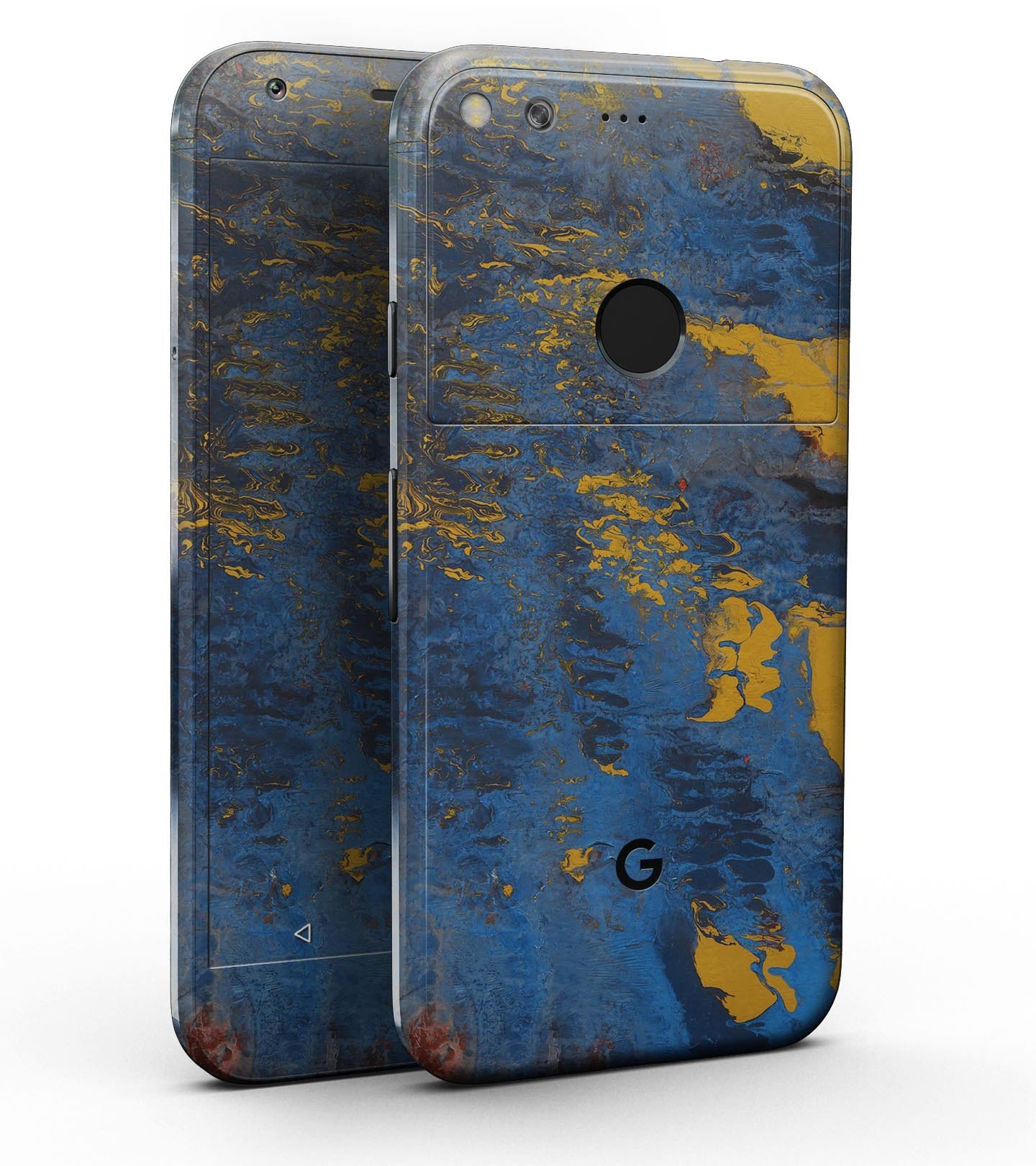 Abstract Blue and Gold Wet Paint Full-Body Skin Kit for Google Pixel, showcasing vibrant colors and sleek design.