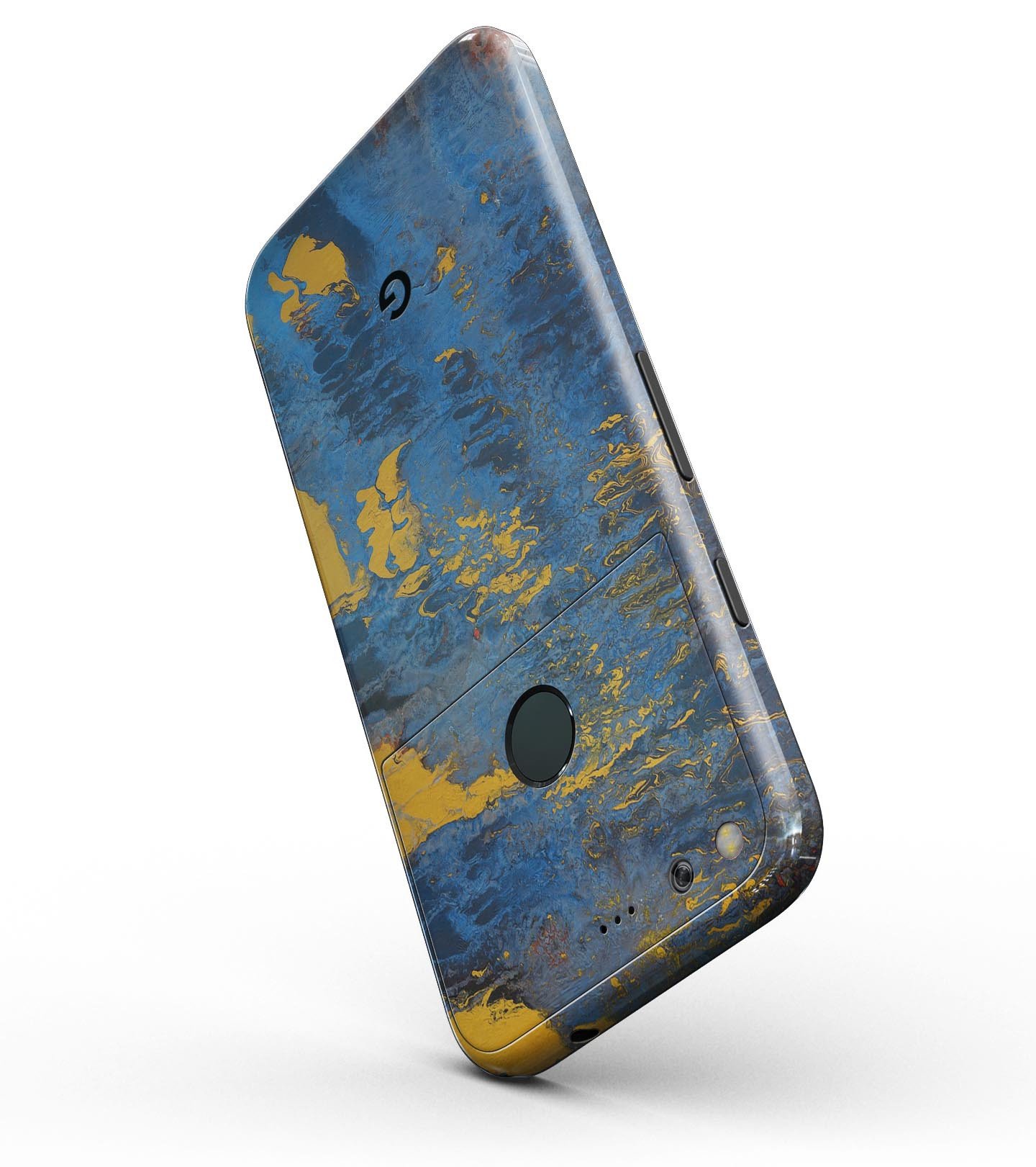 Abstract Blue and Gold Wet Paint Full-Body Skin Kit for Google Pixel, showcasing vibrant colors and sleek design.