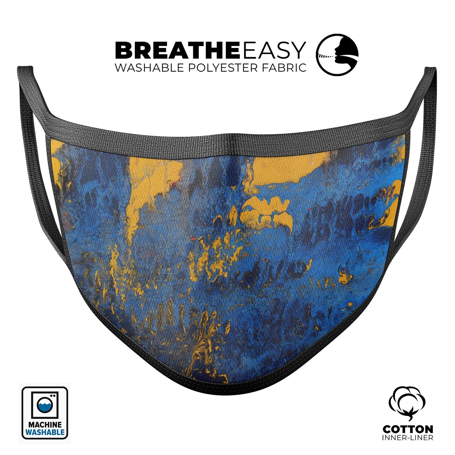 Abstract Blue and Gold Wet Paint face mask, showcasing vibrant colors and unique design, made in the USA.