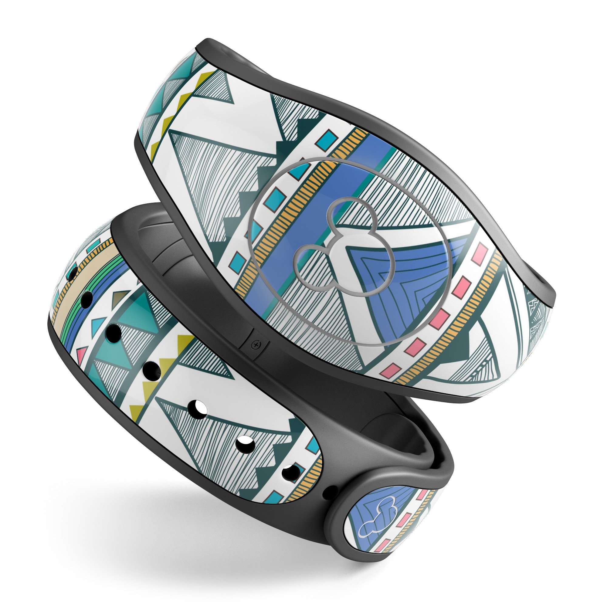 Abstract Blue and Green Triangle Aztec decal skin wrap kit for Disney Magic Band, showcasing vibrant colors and unique design.