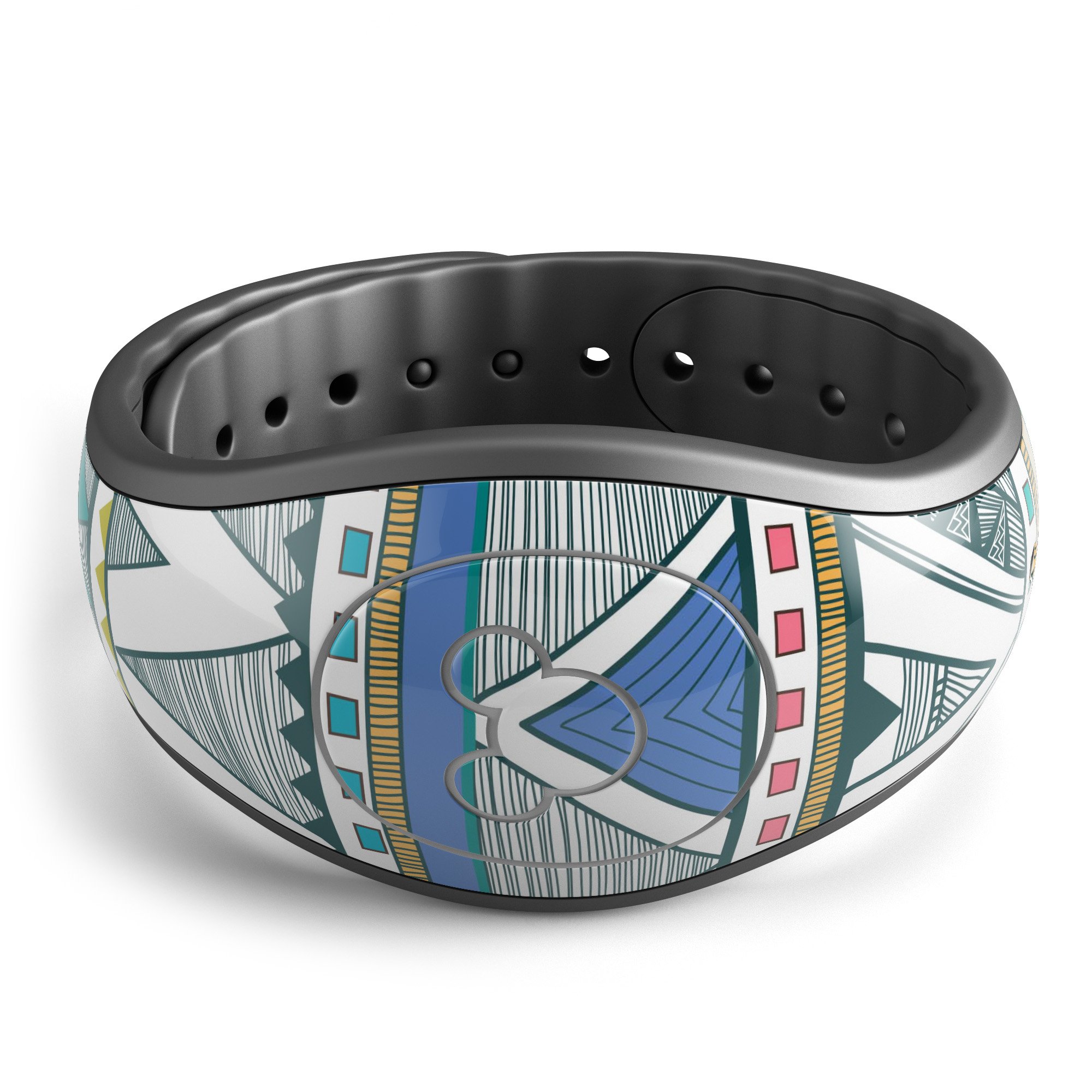 Abstract Blue and Green Triangle Aztec decal skin wrap kit for Disney Magic Band, showcasing vibrant colors and unique design.