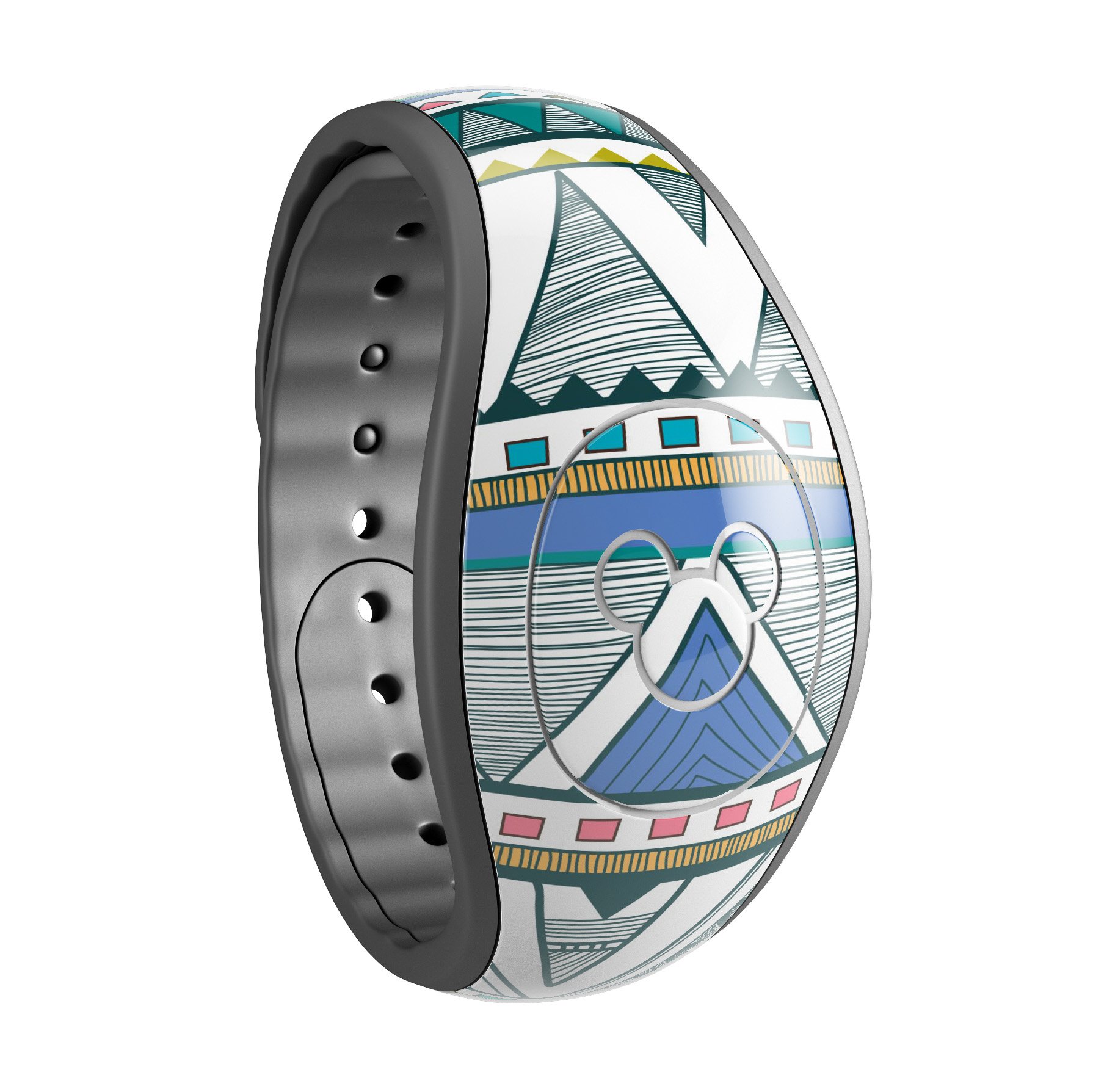 Abstract Blue and Green Triangle Aztec decal skin wrap kit for Disney Magic Band, showcasing vibrant colors and unique design.