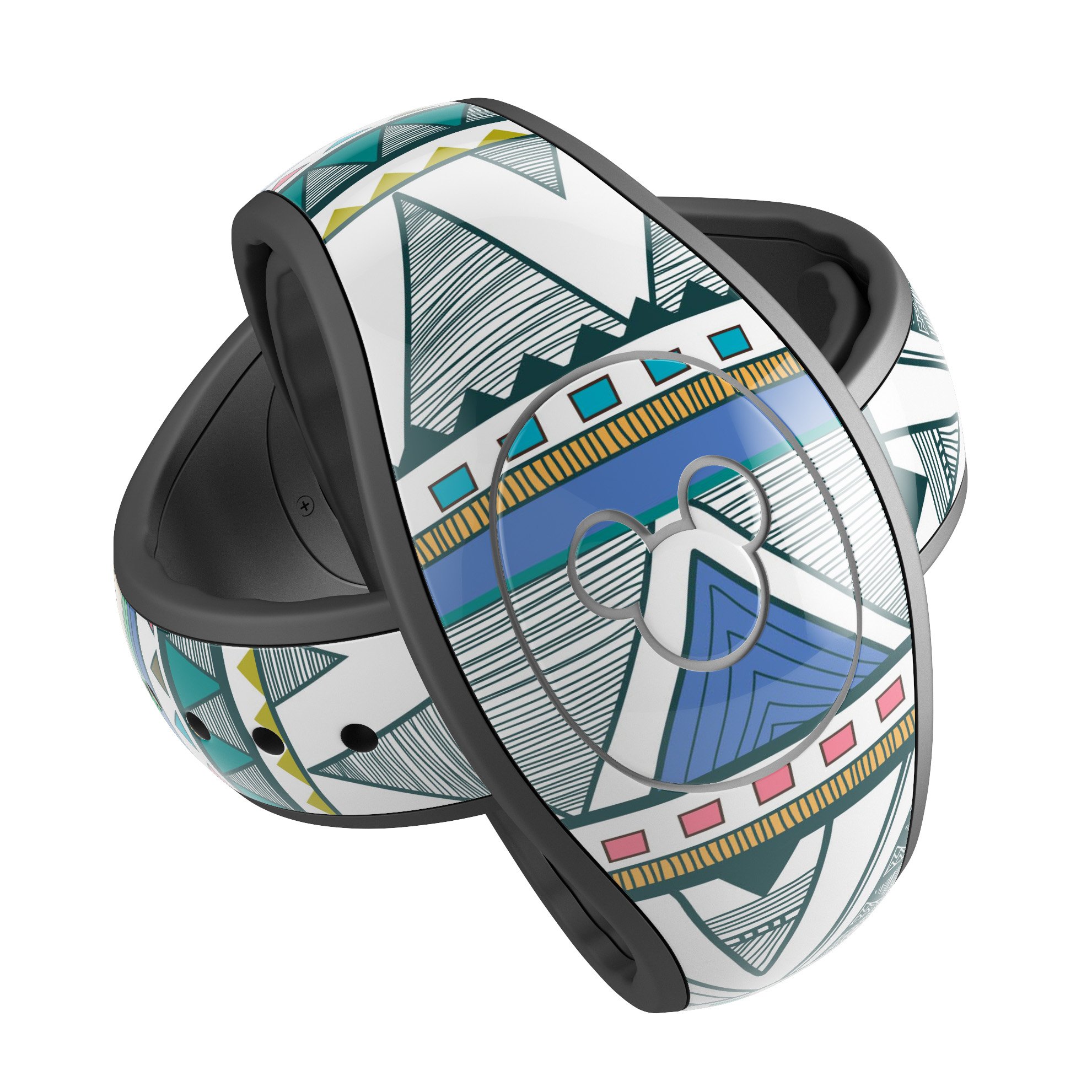 Abstract Blue and Green Triangle Aztec decal skin wrap kit for Disney Magic Band, showcasing vibrant colors and unique design.