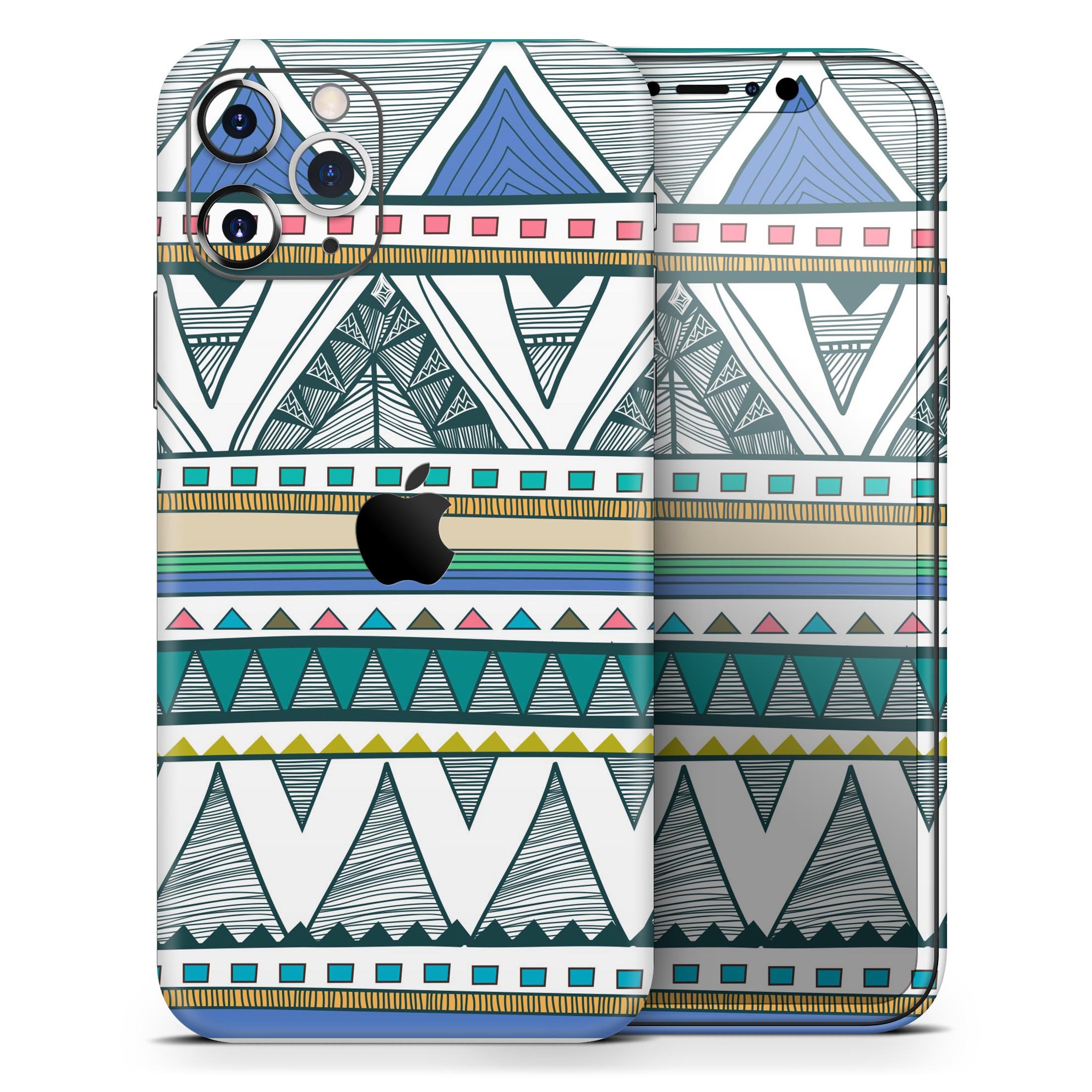 Abstract Blue and Green Triangle Aztec Skin-Kit for iPhone 11, showcasing vibrant colors and geometric design.