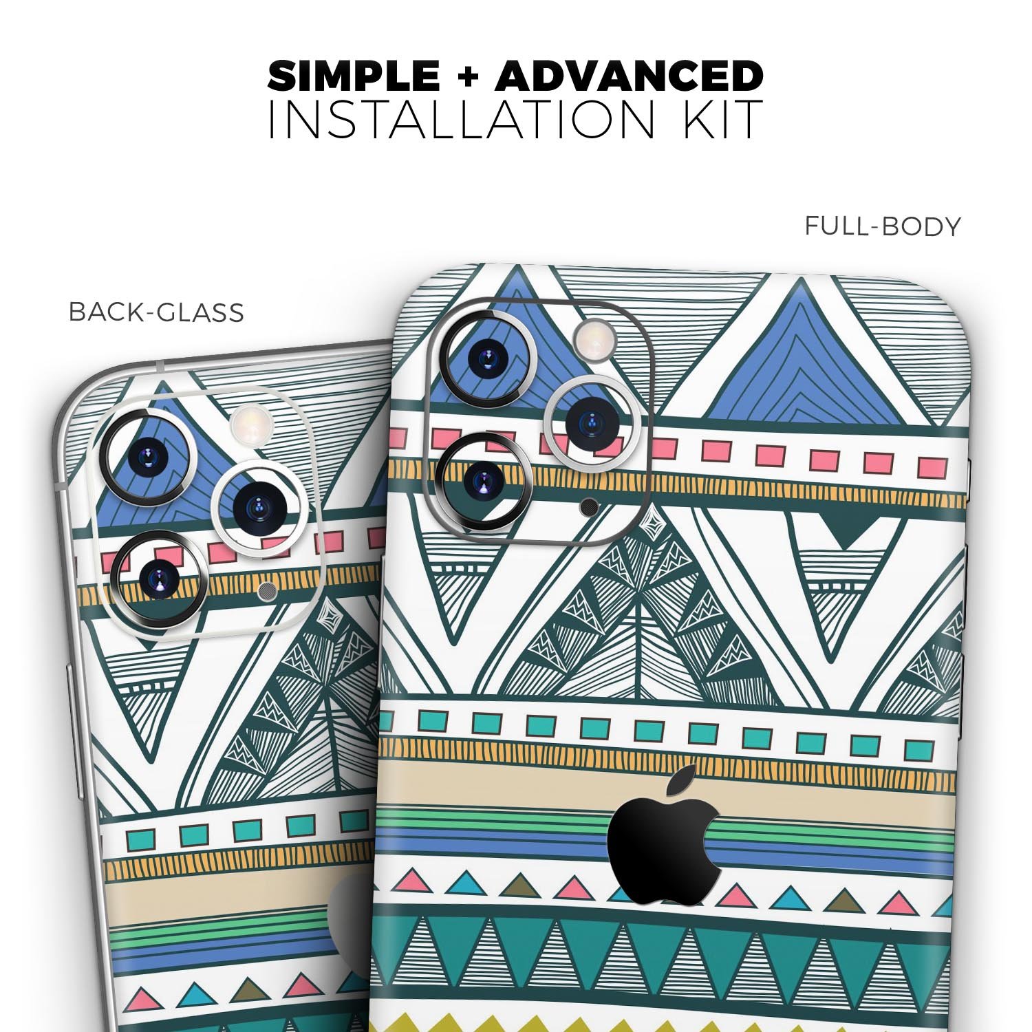 Abstract Blue and Green Triangle Aztec Skin-Kit for iPhone 11, showcasing vibrant colors and geometric design.