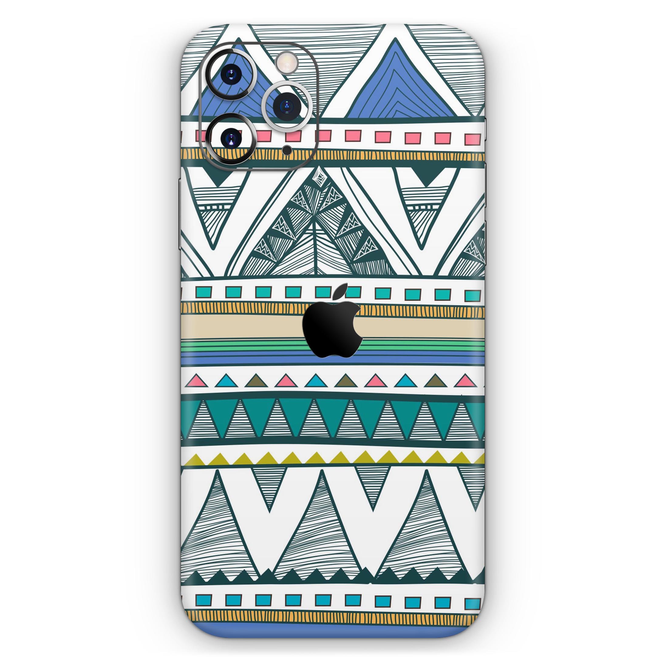 Abstract Blue and Green Triangle Aztec Skin-Kit for iPhone 11, showcasing vibrant colors and geometric design.