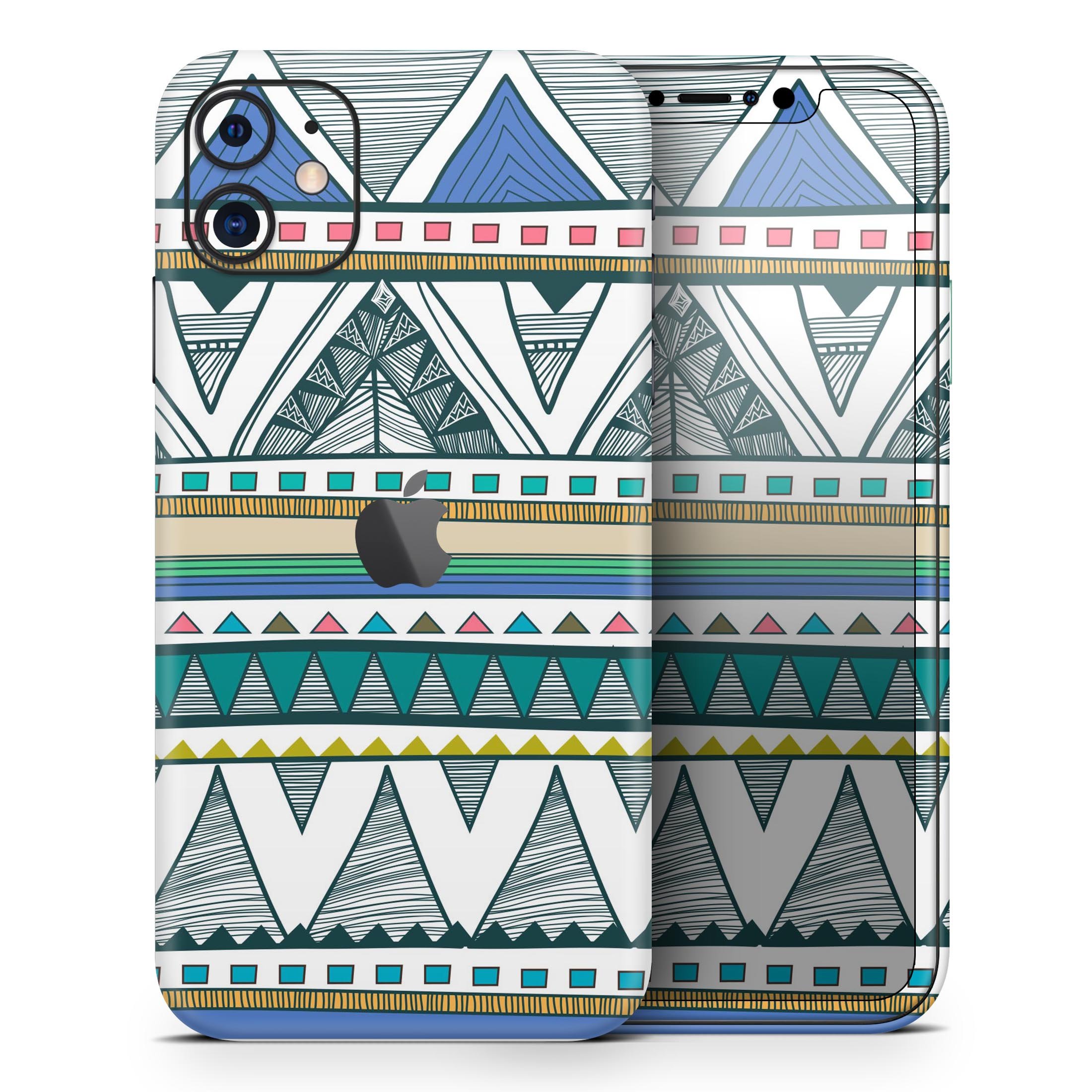 Abstract Blue and Green Triangle Aztec Skin-Kit for iPhone 11, showcasing vibrant colors and geometric design.