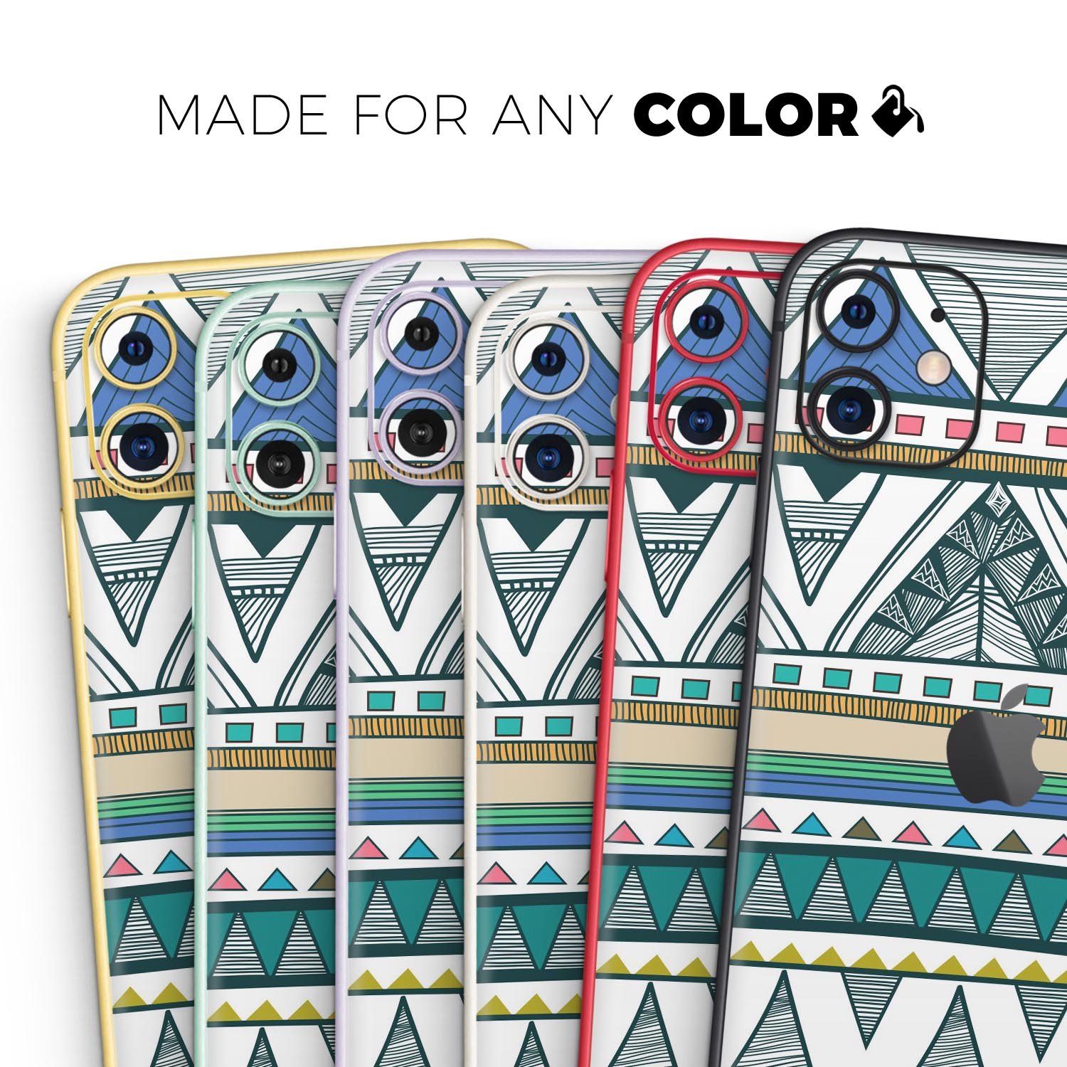 Abstract Blue and Green Triangle Aztec Skin-Kit for iPhone 11, showcasing vibrant colors and geometric design.